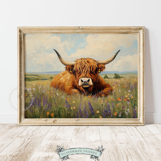 Realistic Highland cow artwork for entryway — charming ranch-style decor with brushstrokes showcasing rich backgrounds.