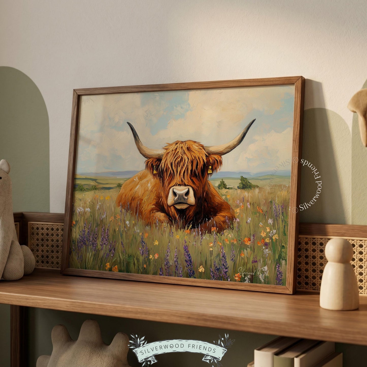 Highland cow poster for children's room — fun and cozy design showcasing farm life and a colorful flower meadow.