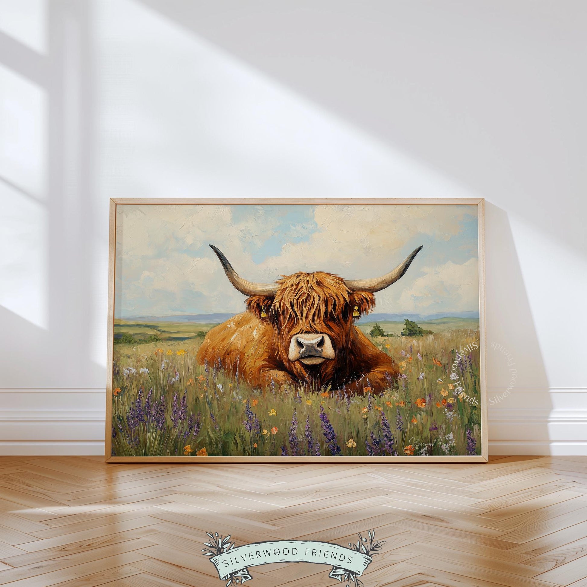 Shaggy cow picture printable for seasonal decor — charming countryside setting with shades of orange and purple.