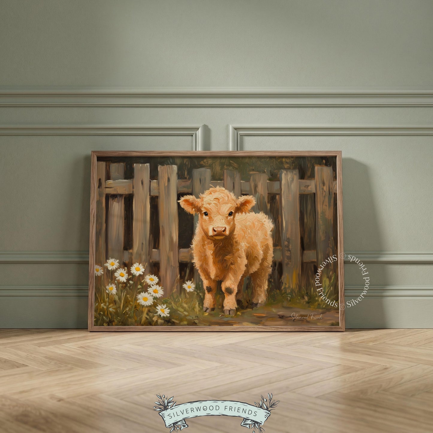 Fluffy tan calf wall art for nursery — cozy farmhouse style with warm tones and rustic countryside elements.