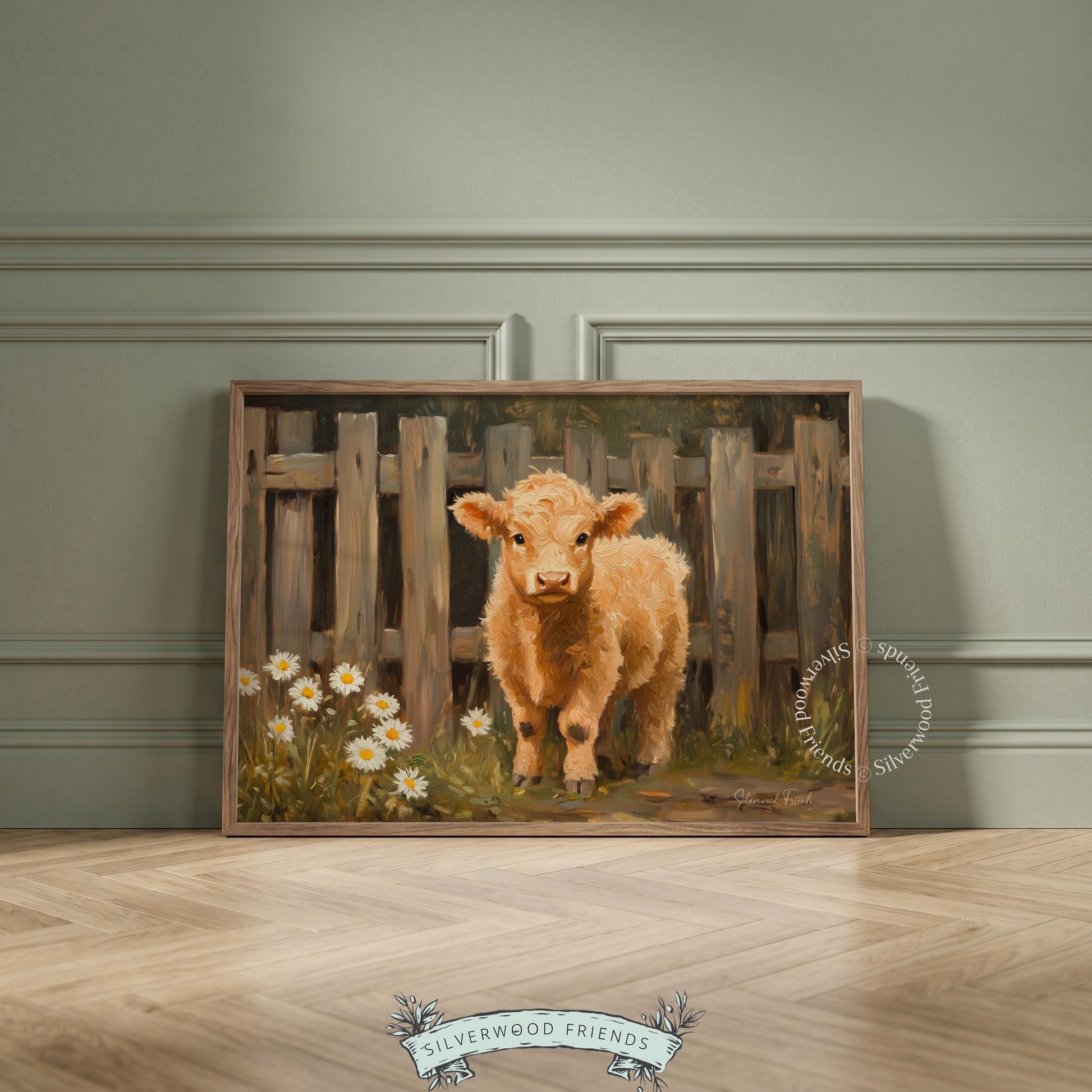 Fluffy tan calf wall art for nursery — cozy farmhouse style with warm tones and rustic countryside elements.