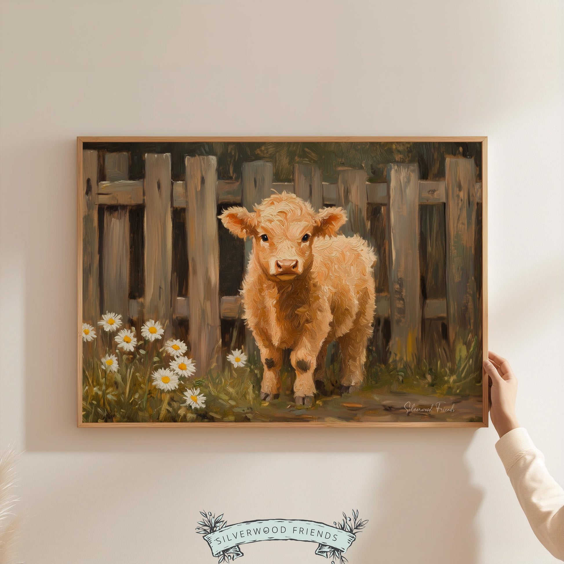 Friendly calf digital print for playroom — showcasing a serene farmhouse vibe with visible brushwork and earthy tones.