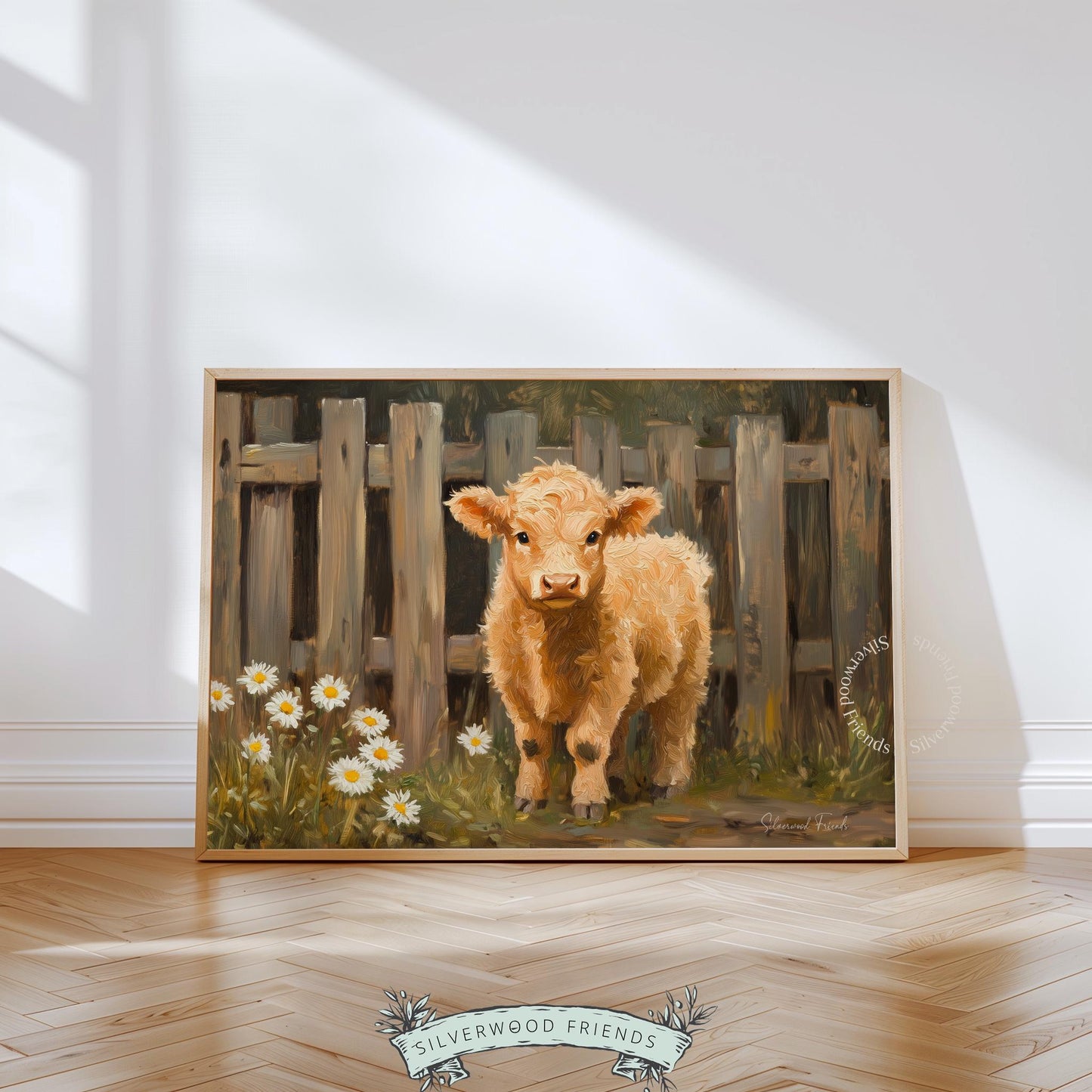 Cute calf poster for living room — eye-catching artwork with earthy hues, perfect for cozy farmhouse decor.