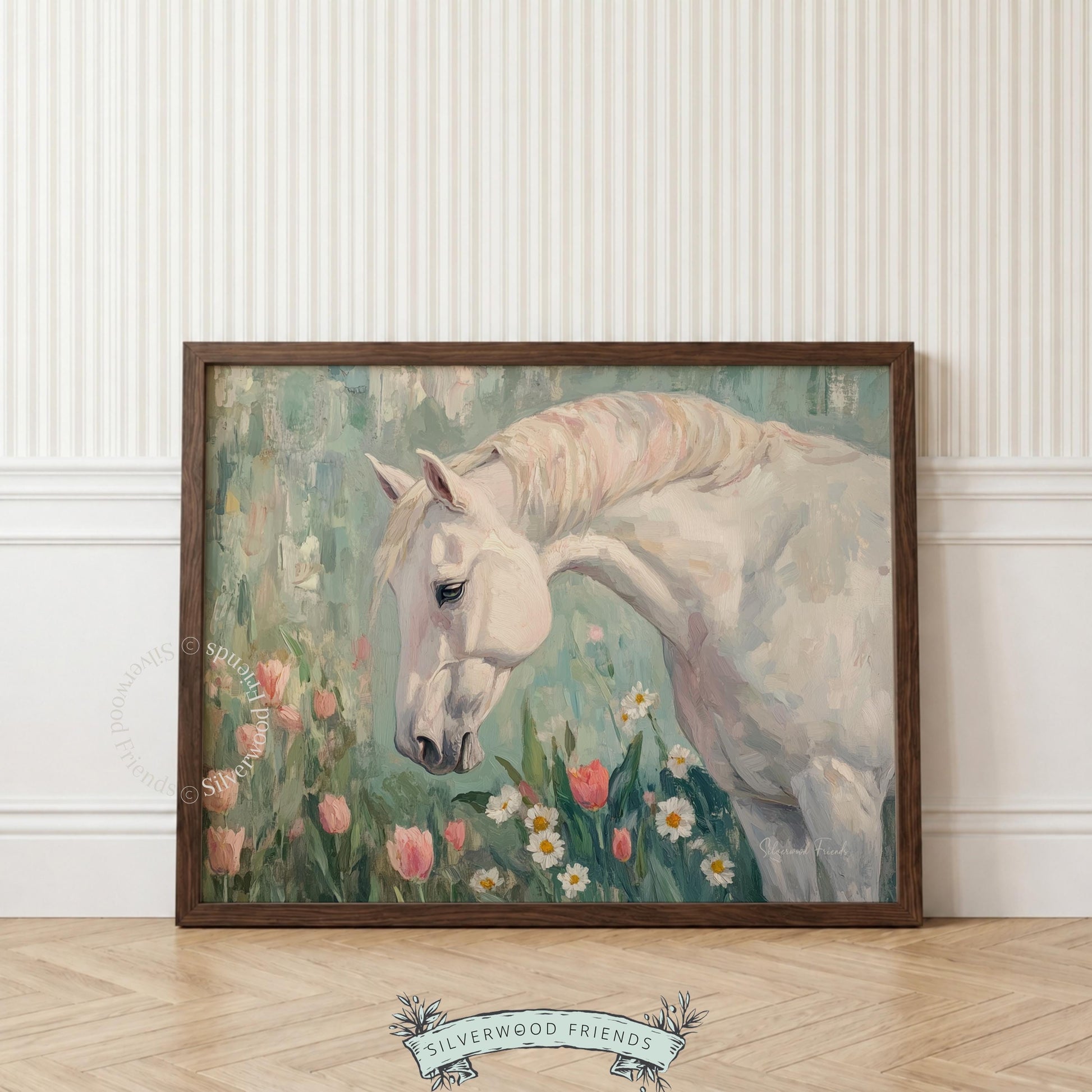 Cozy equine digital download for children's room — heartwarming horse illustration amidst soft pink and white blooms.