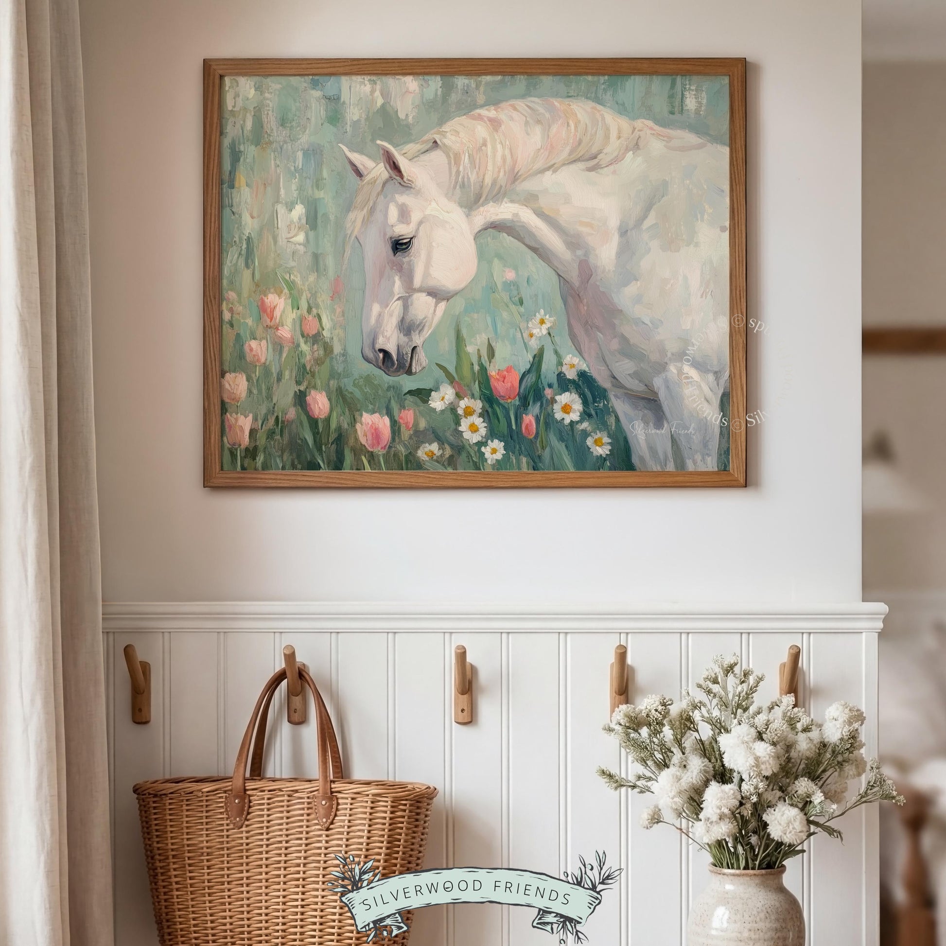 Romantic horse artwork for cottage decor — gentle equine subject layered over a dreamy wildflower field in soothing colors.