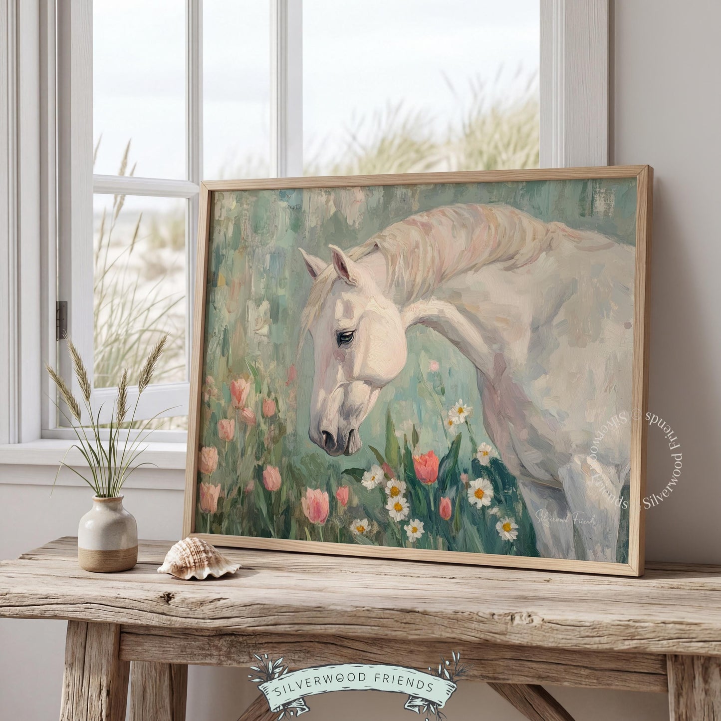 Charming horse poster for rustic home — tranquil equestrian portrait with visible brushstrokes and a tranquil atmosphere.