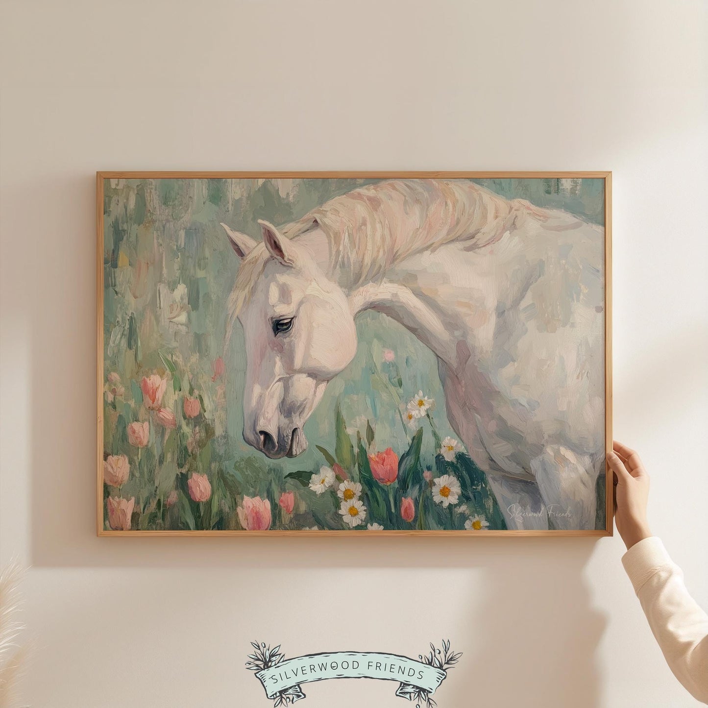 Serene horse wall decor for nursery — tranquil equine illustration set against a backdrop filled with wildflower beauty.