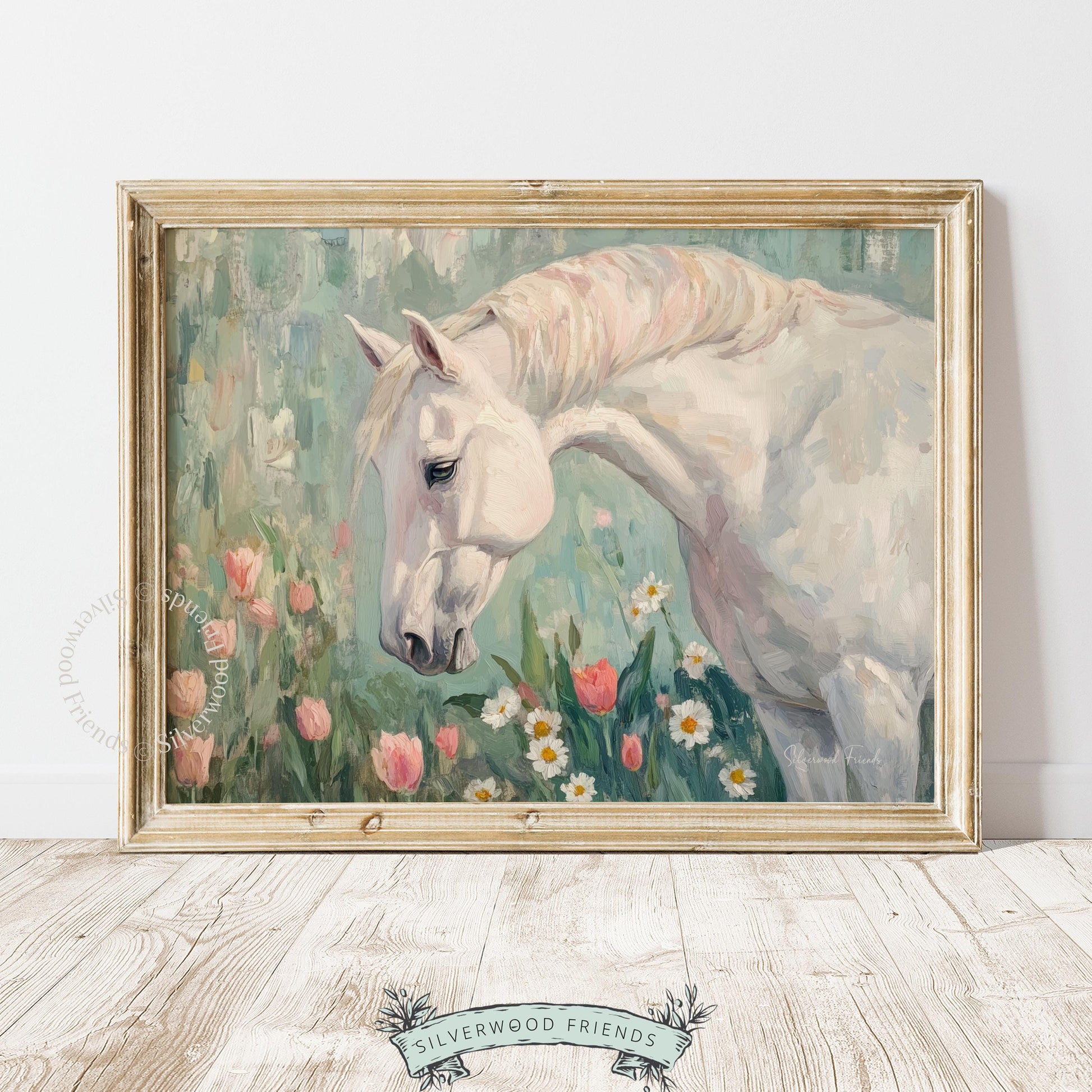 Cream horse artwork for cottagecore dining room — impressionistic horse composed in a serene, nature-inspired environment.