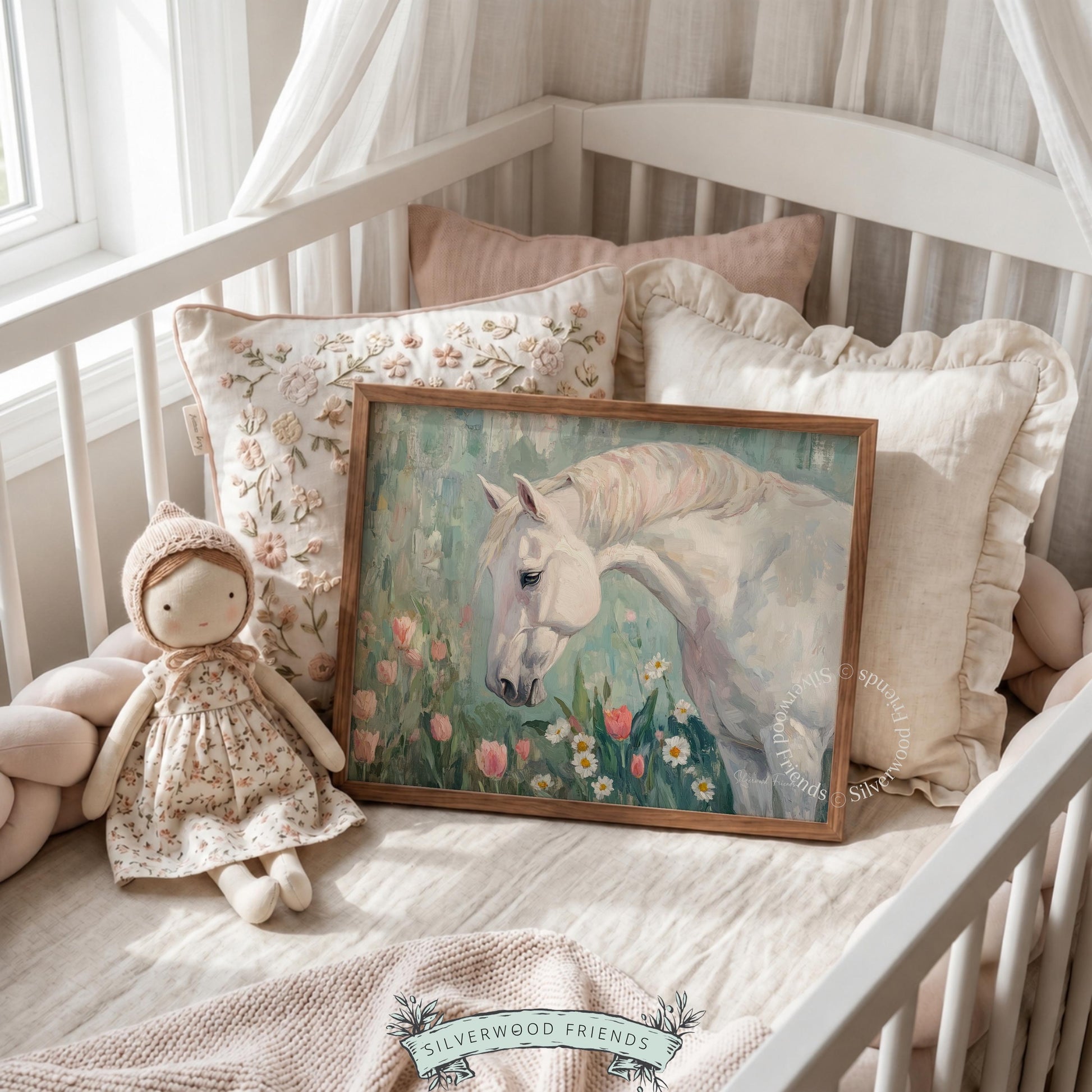 Pastoral horse digital print for cozy spaces — charming equine wall decor with a rustic vibe and delicate blooms.