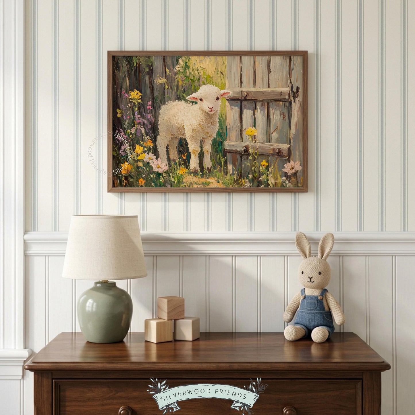 Rustic lamb digital print for children's room — a warm depiction using impressionistic styles, perfect for pastoral-themed decor.