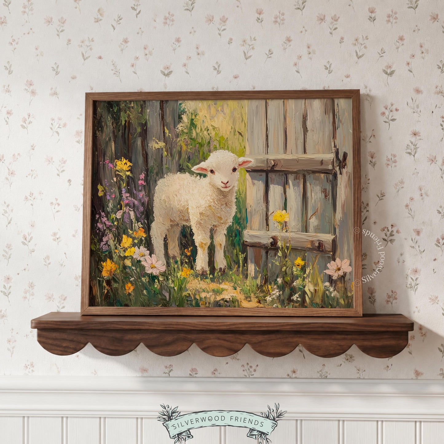 Lamb digital print for farmhouse kitchen — rustic vibes featuring a textured painted style amidst wildflowers and greenery.