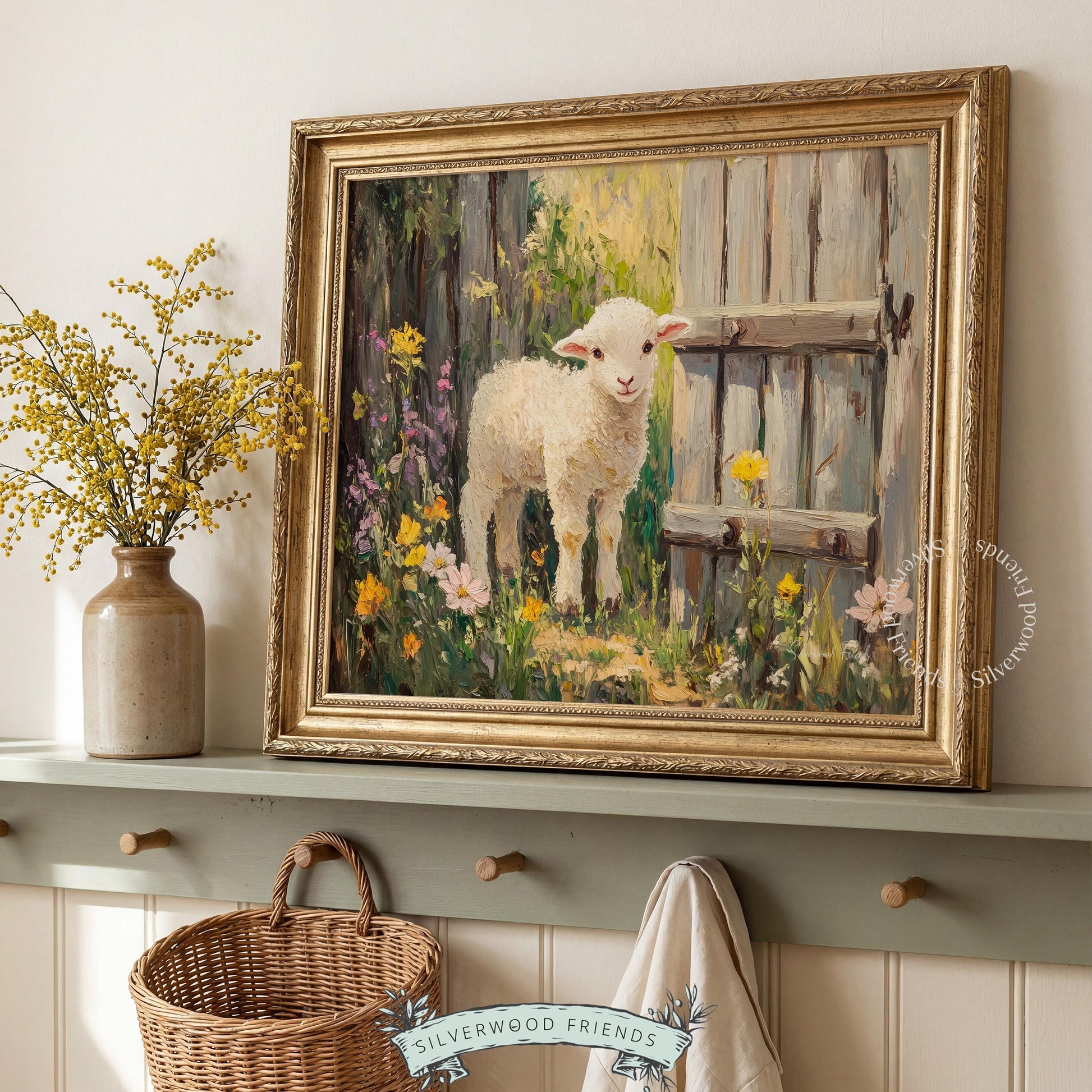 Lamb scene art for family room — a delightful fusion of cozy rustic charm and warm sunlight on a textured canvas.