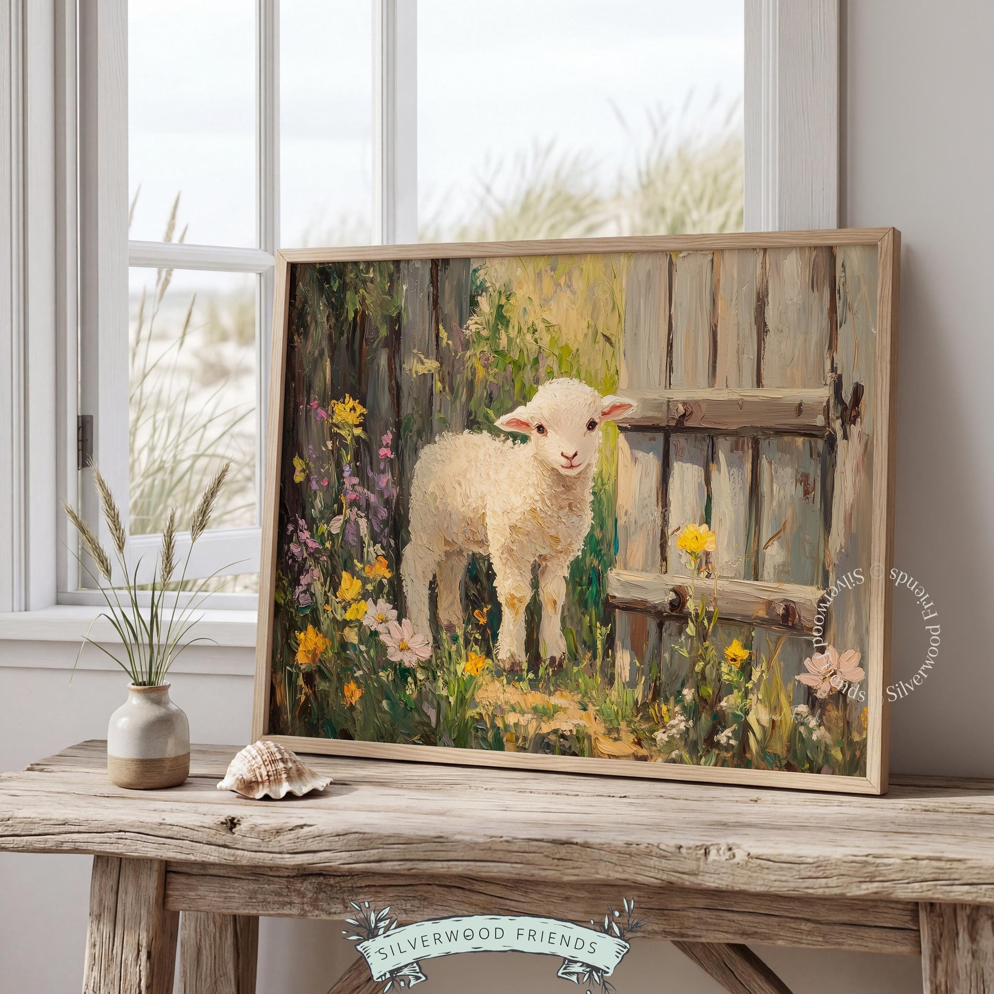 Lamb portrait wall decor for entryway — pastoral artwork with a soft vintage style enhancing a homey atmosphere.