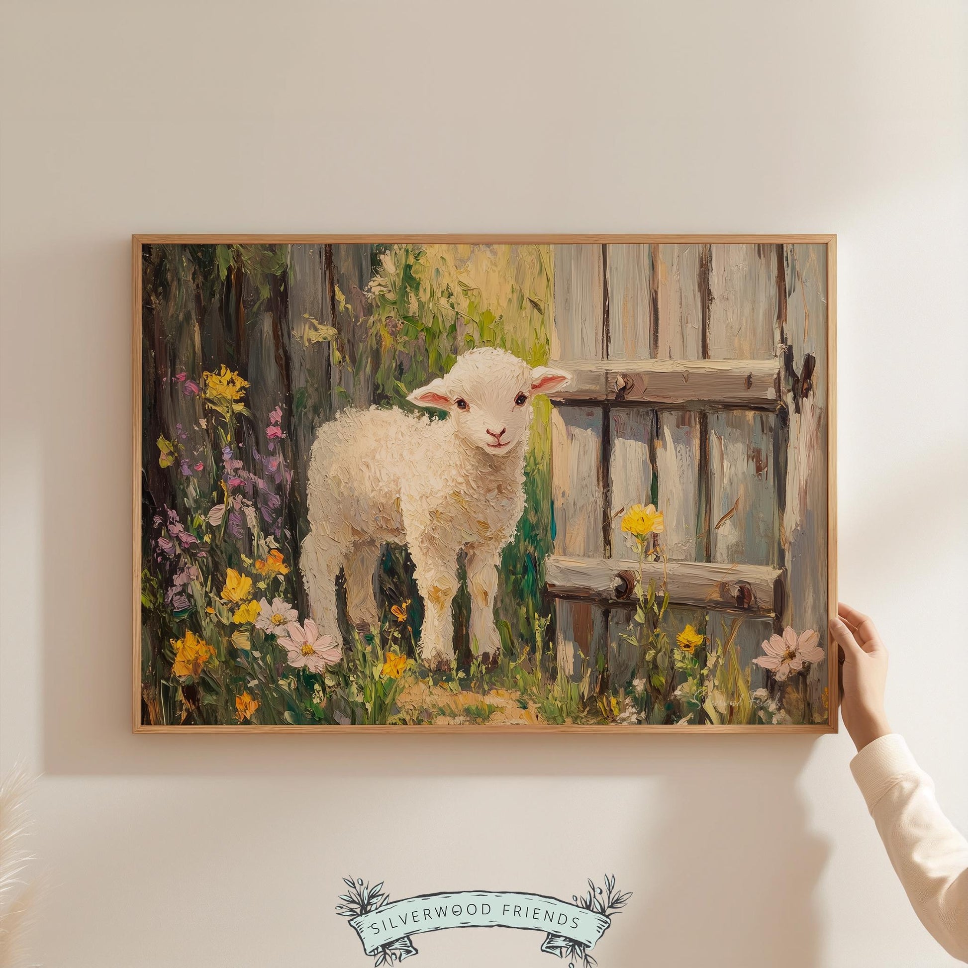 Lamb illustration wall decor for gallery wall — charming rustic painting with vibrant wildflowers and a warm pastoral setting.