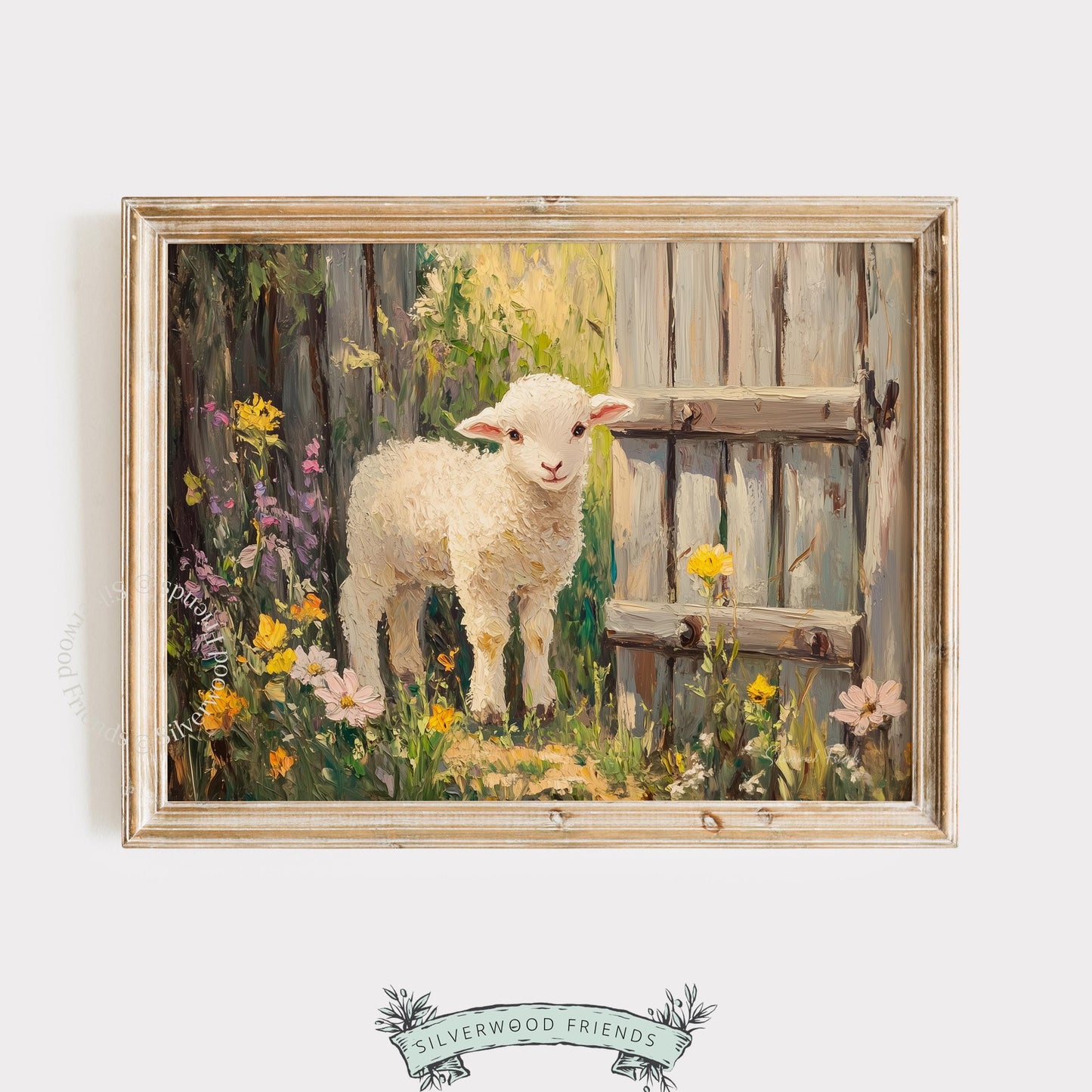 Young lamb art for cozy corner — farmhouse painting with muted colors and warm light, ideal for adding rustic charm.