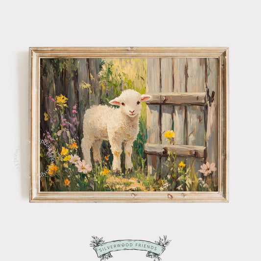Young lamb art for cozy corner — farmhouse painting with muted colors and warm light, ideal for adding rustic charm.