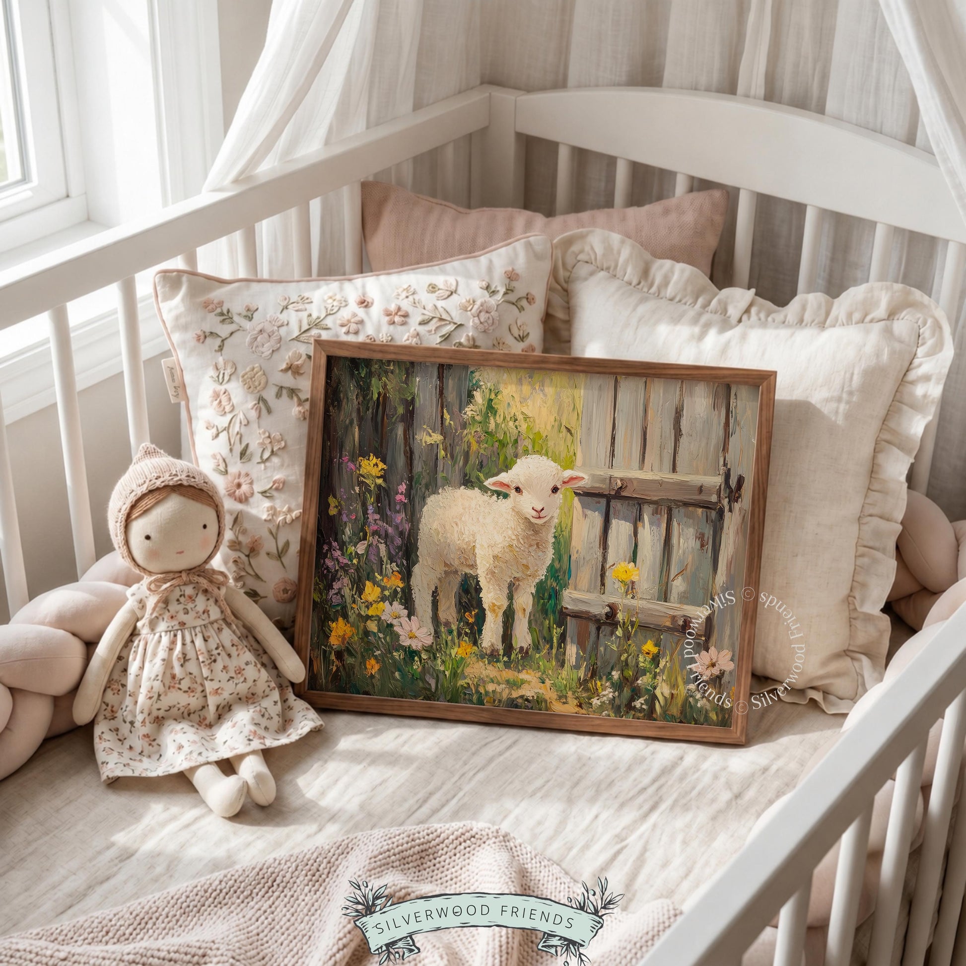 Sweet lamb painting poster for children's playroom — charming pastoral scene with vintage elements and inviting colors.