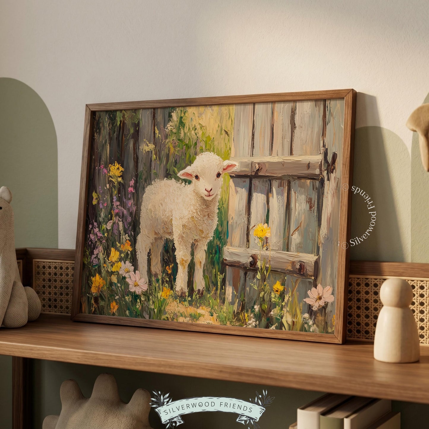 Young lamb wall art for nursery — cozy cottagecore vibe with warm sunlight and impressionistic brushstrokes in soft tones.