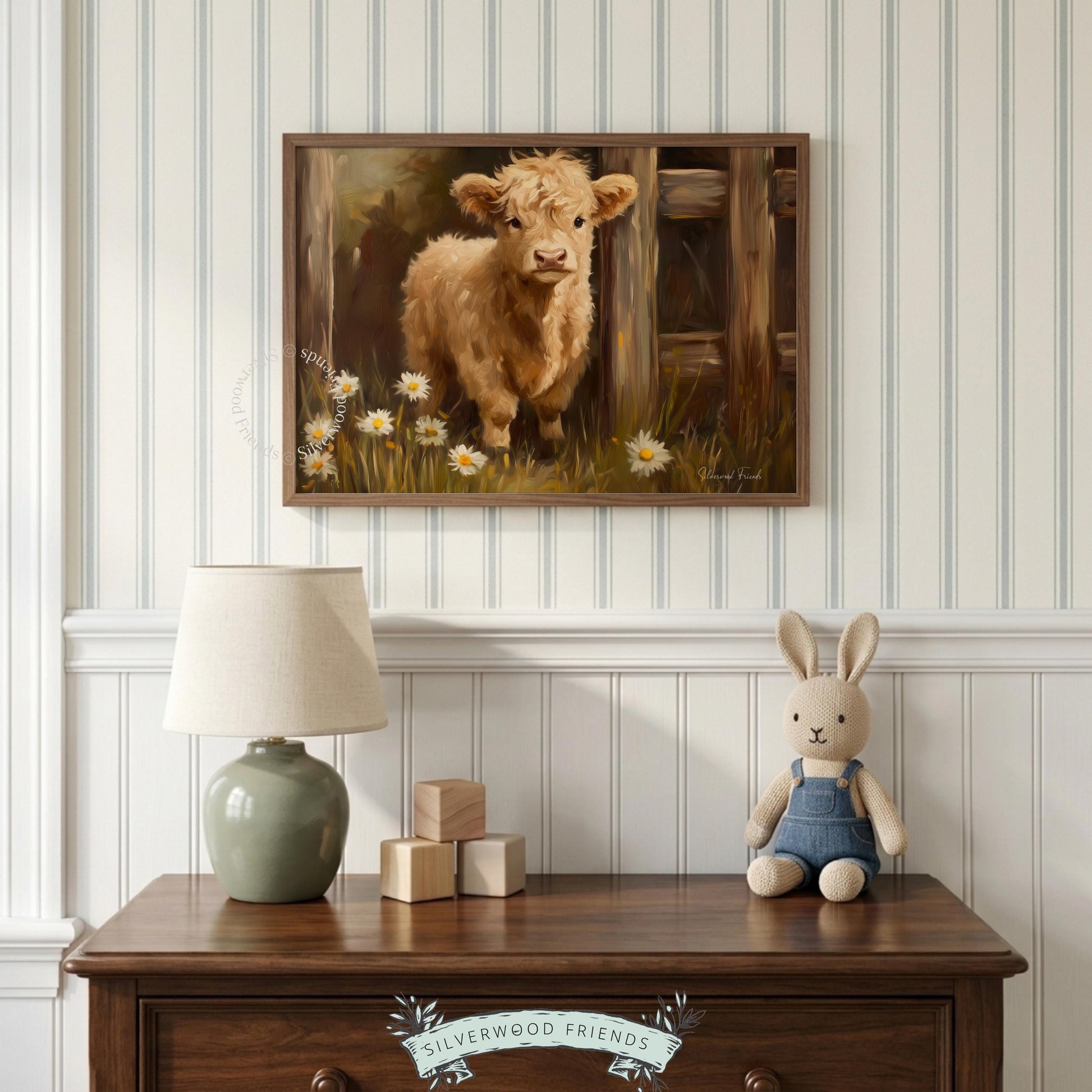 Fluffy Highland calf art for bedroom — rustic oil painting style presents a cuddly charm, perfect for a cozy retreat.