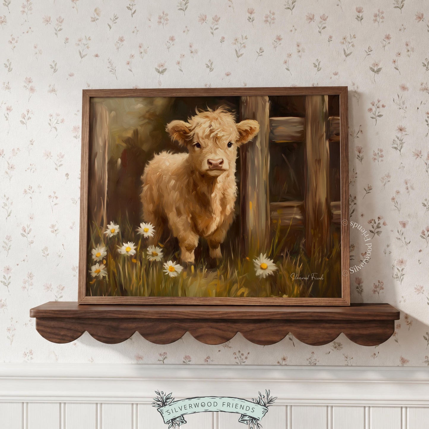 Highland calf picture printable art for playroom — features a fluffy calf with daisies, embodying pastoral warmth and charm.