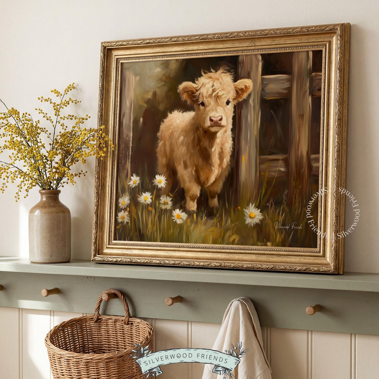 Highland calf printable artwork for children’s room — warm, pastoral imagery radiates comfort and charm with flower accents.