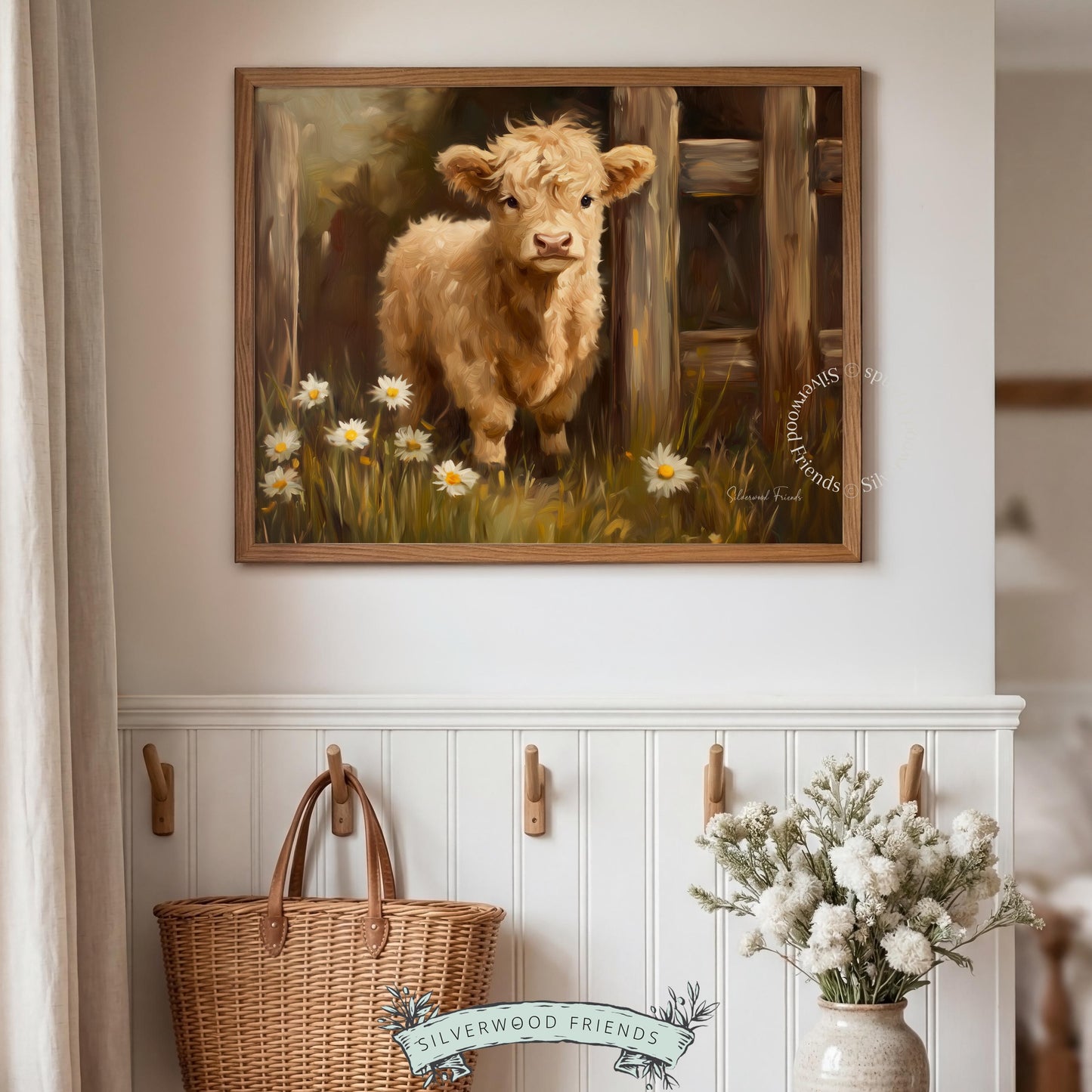 Fluffy Highland calf wall art for nursery — cozy pastel tones and pastoral charm create a warm atmosphere.