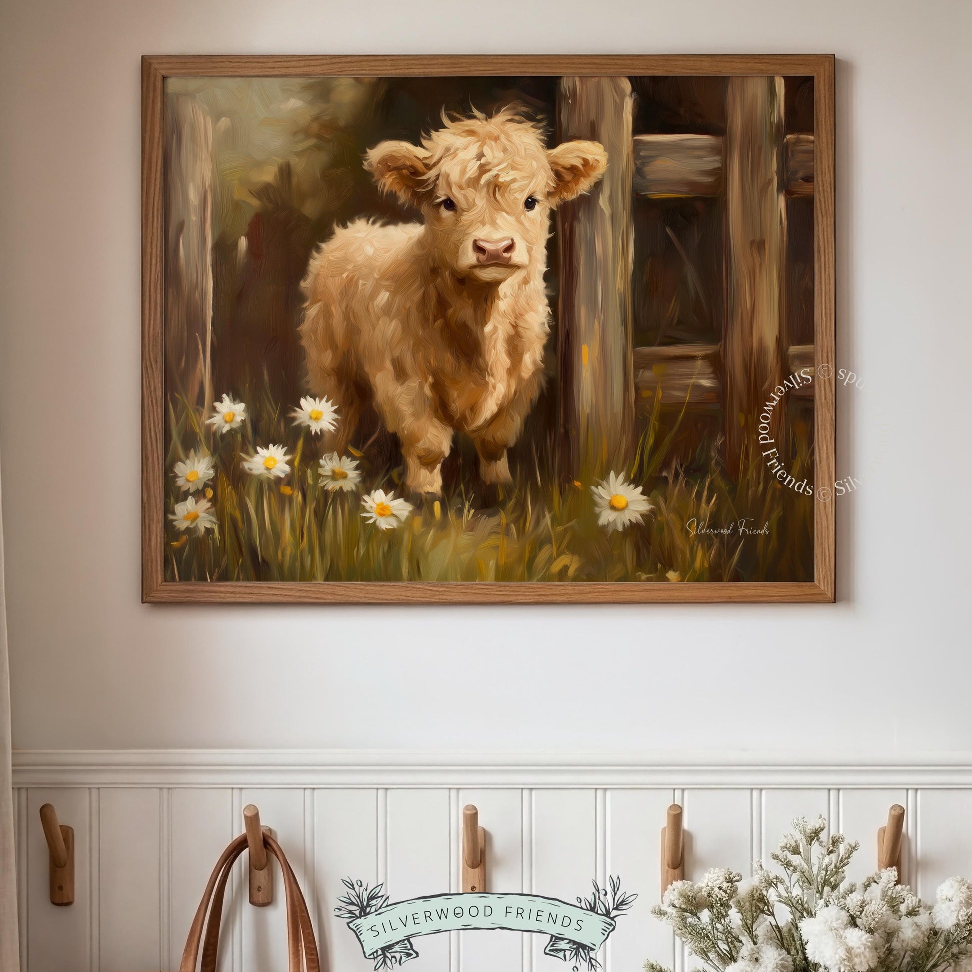 Fluffy Highland calf artist print for rustic dining room — elegant brushstrokes embrace serene countryside charm.