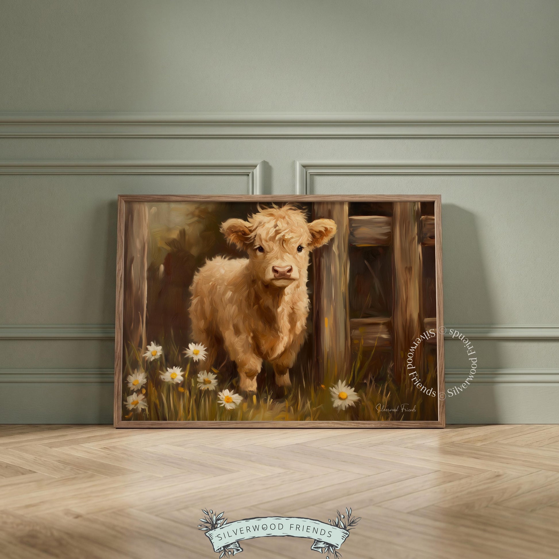 Charming Highland calf artwork for home office — captures calm rural vibes with its soft color palette and pastoral scene.