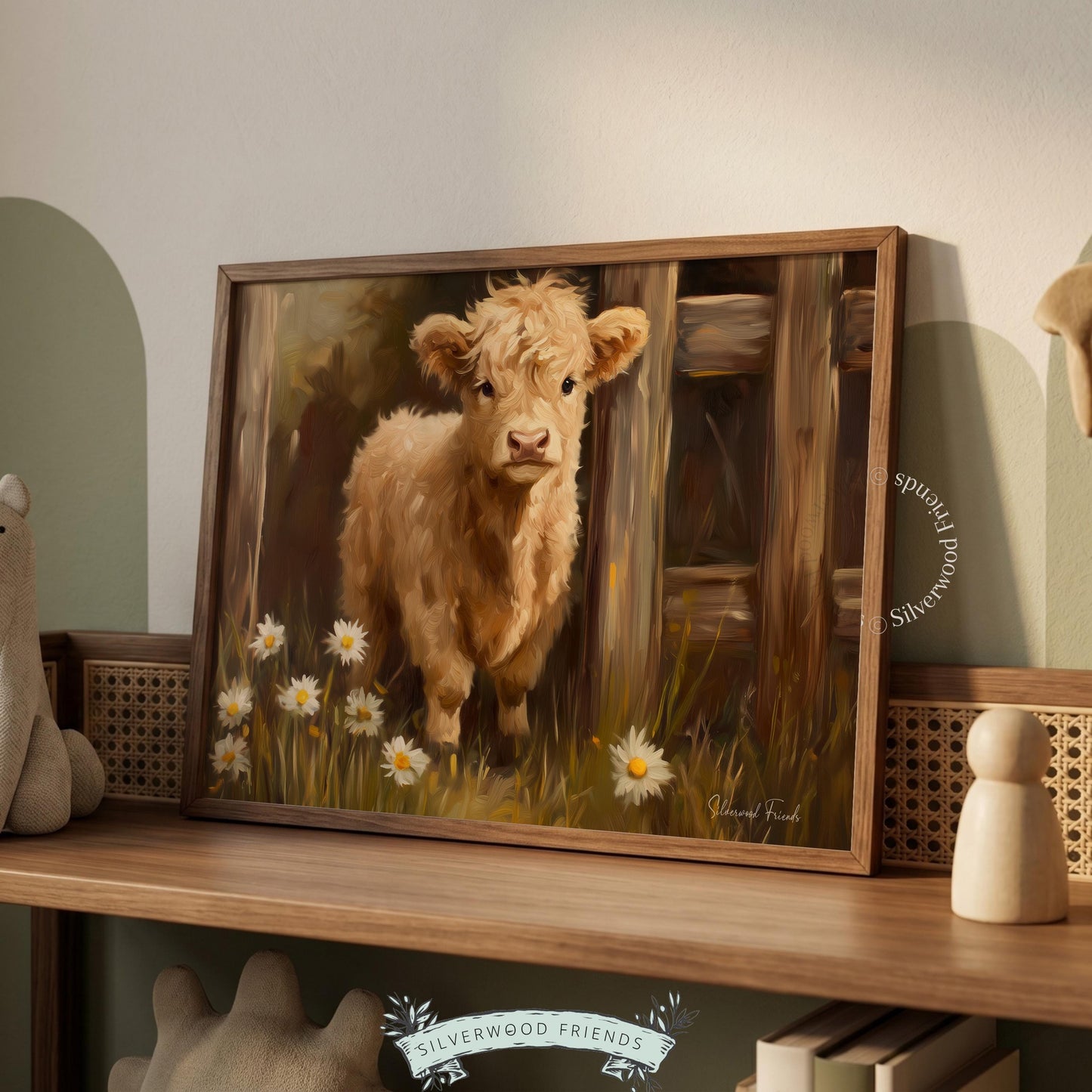 Pastoral Highland calf painting digital print for country home — evokes a cozy farmhouse aesthetic with soft hues and warm moods.