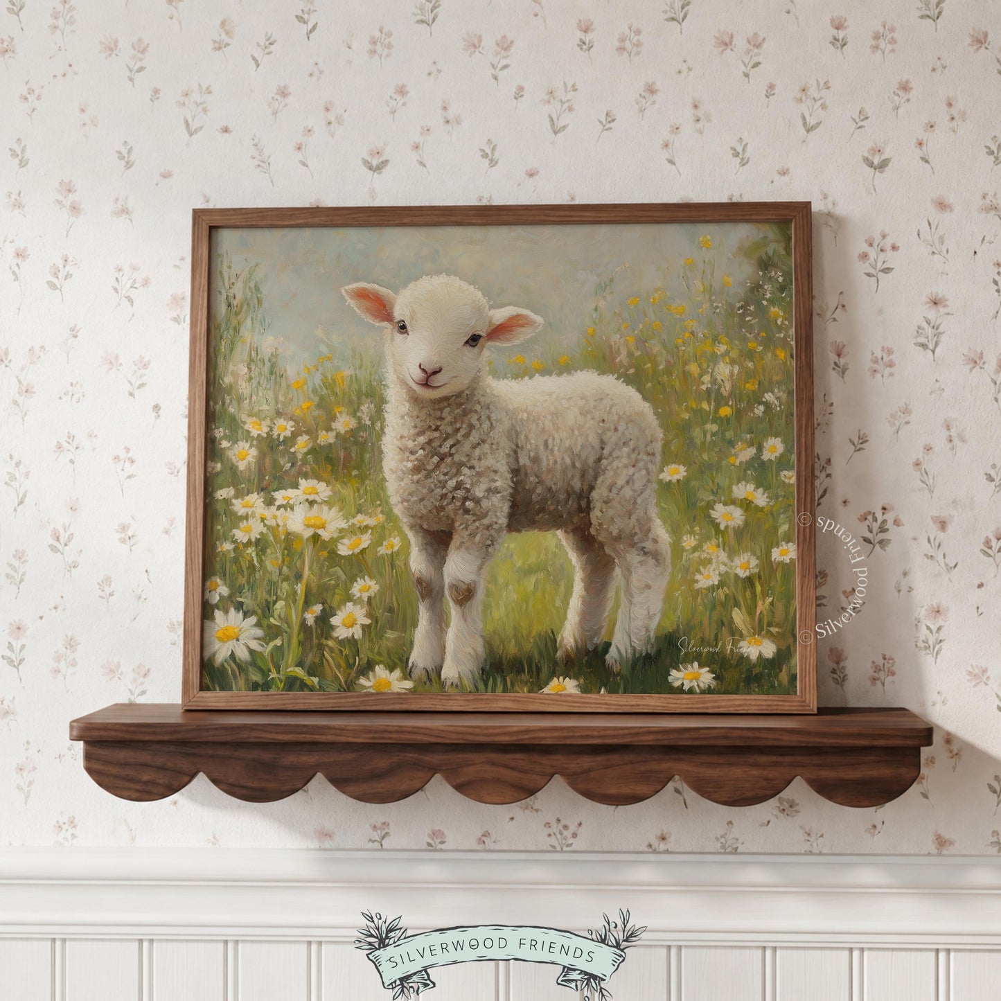 Lamb illustration poster for cozy den — gentle brushstrokes and floral accents deliver a soothing farmhouse vibe.