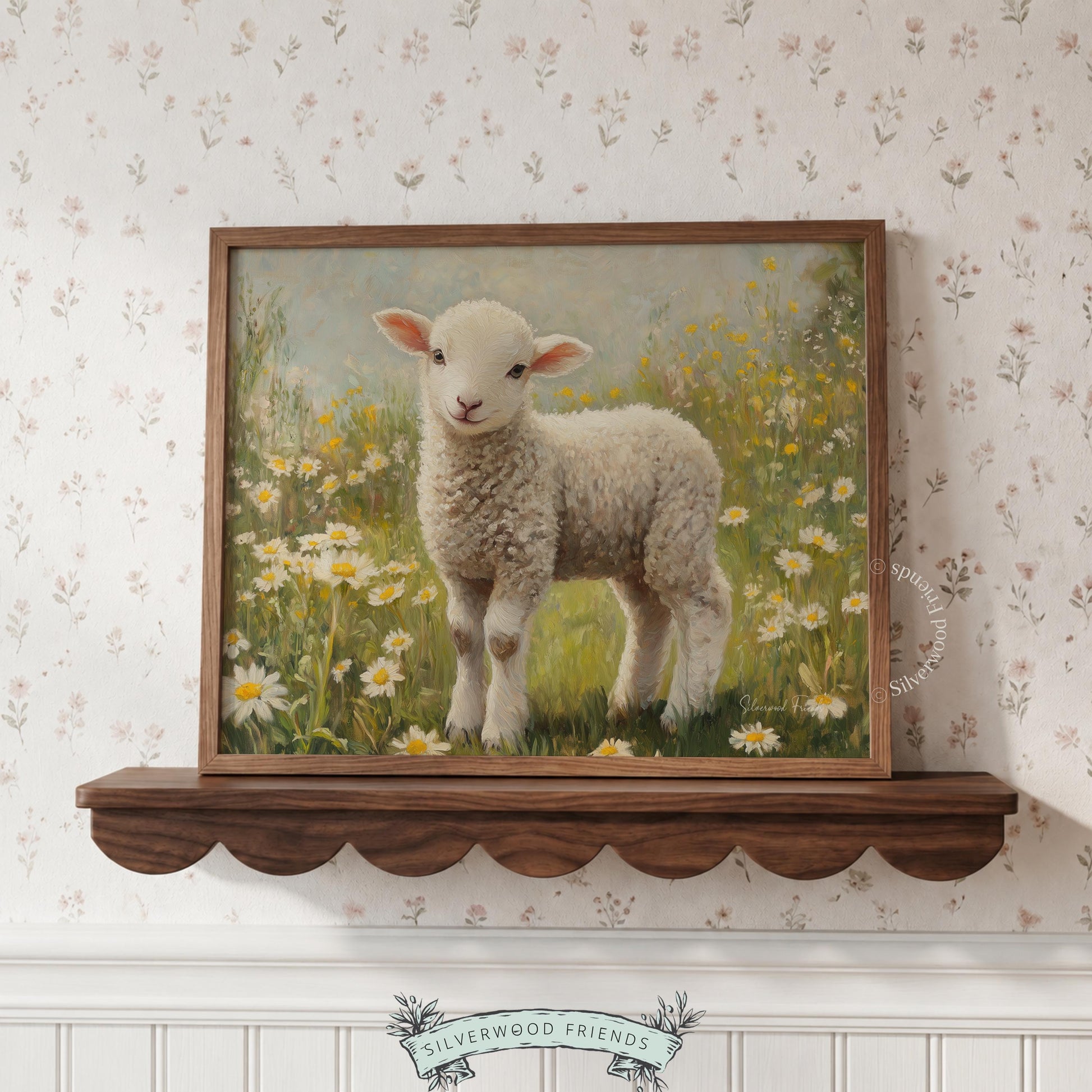 Lamb illustration poster for cozy den — gentle brushstrokes and floral accents deliver a soothing farmhouse vibe.