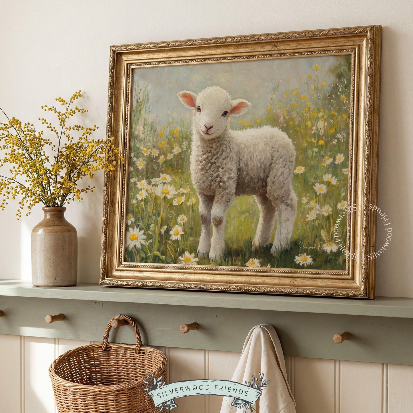 Young sheep wall art for charming quarters — serene pastel landscape evokes pastoral tranquility and warm farmhouse spirit.