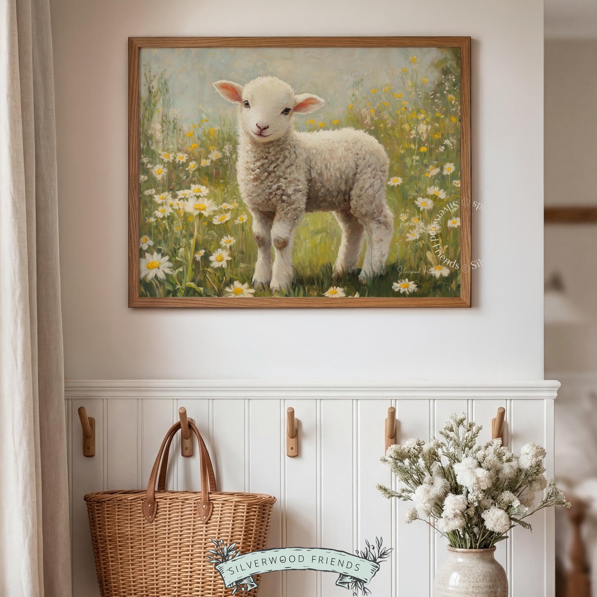 Adorable lamb digital print for children's space — a cozy, pastoral theme with daisies creating a heartfelt farmhouse feel.