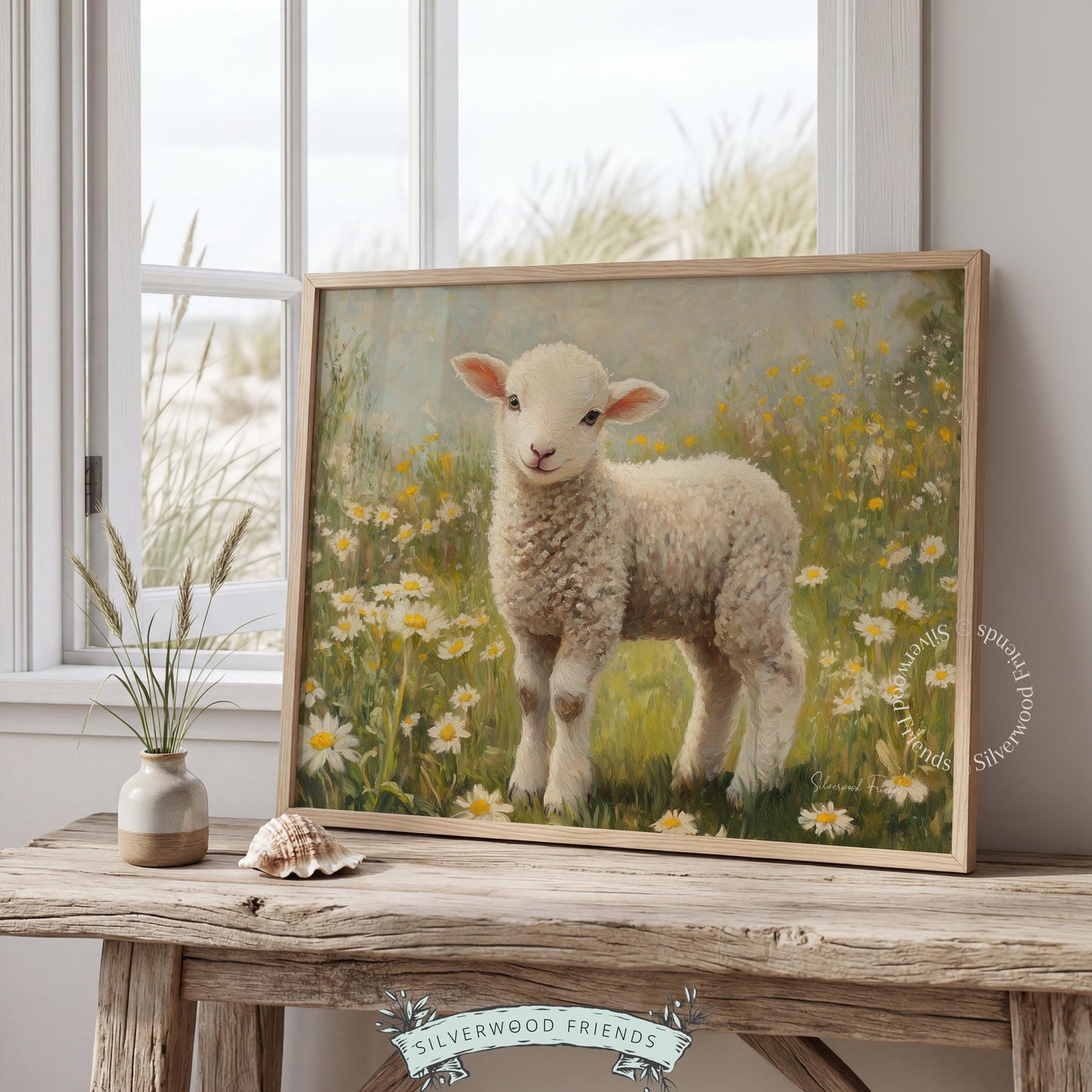 Rustic lamb wall decor for family kitchen — soft earthy colors and wildflowers create a warm and inviting farmhouse aesthetic.