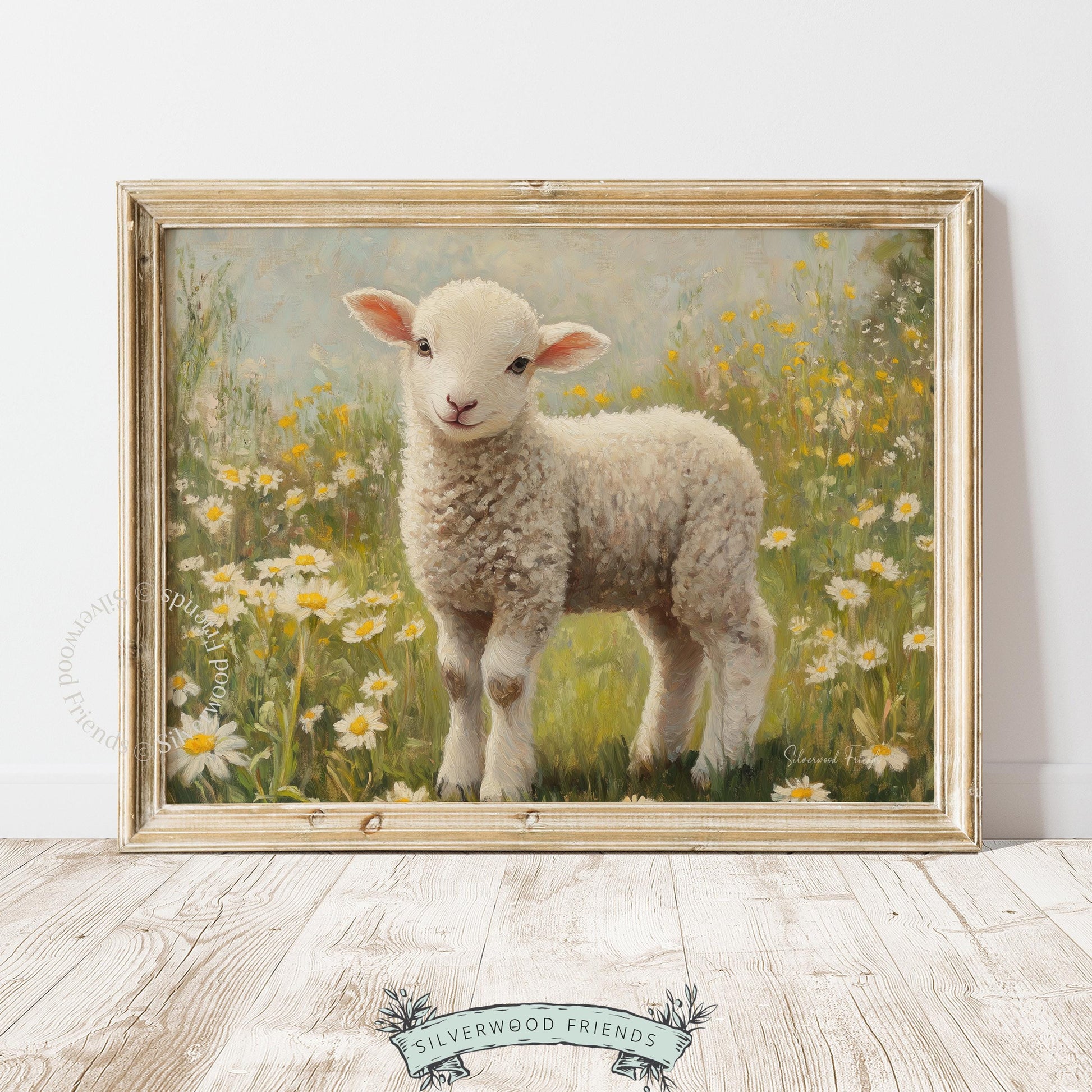 Endearing lamb digital art for serene nursery — calming tones and a pastoral scene make it a perfect baby shower gift.