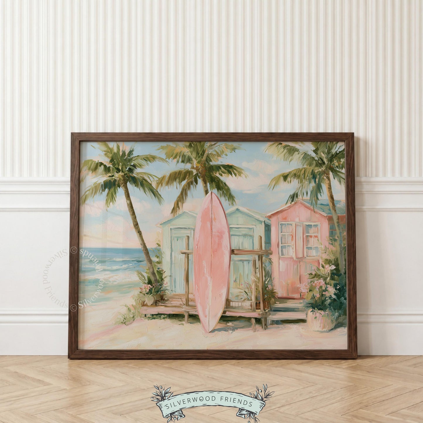 Surfboard digital print for coastal-themed nursery — soft pastel colors and a breezy vibe featuring palm trees and sand.