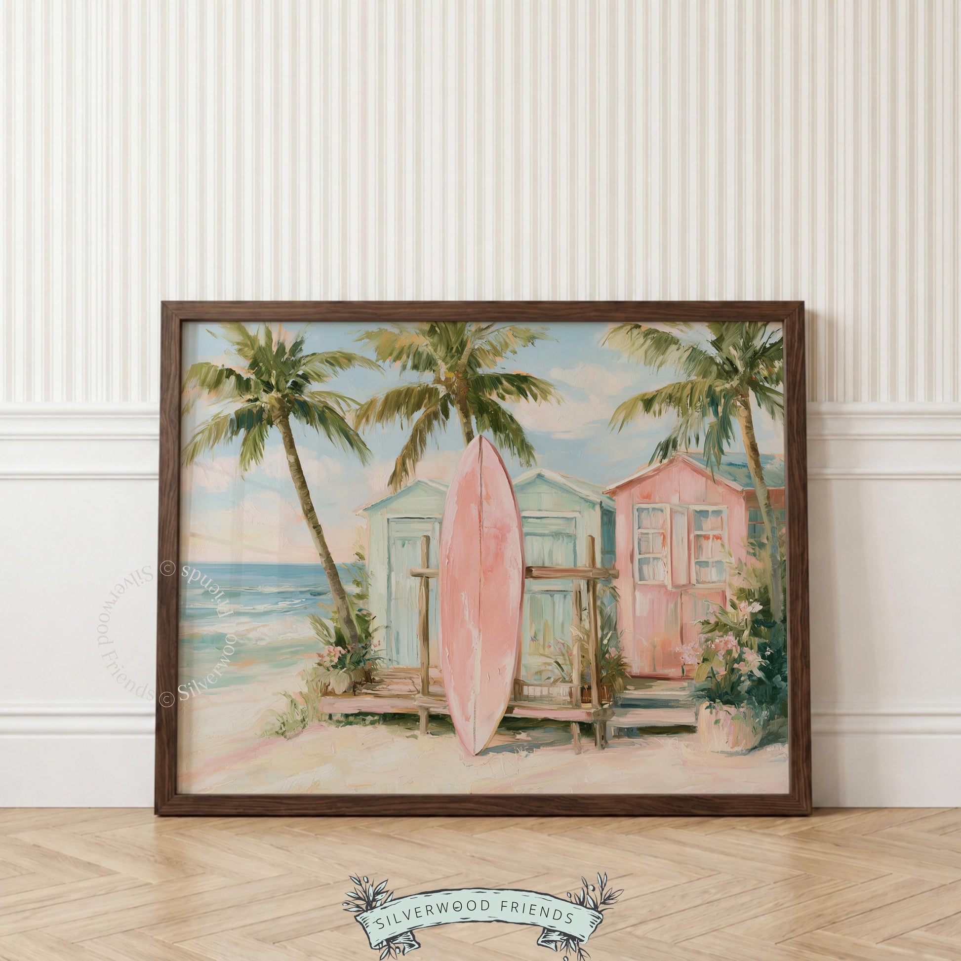 Surfboard digital print for coastal-themed nursery — soft pastel colors and a breezy vibe featuring palm trees and sand.