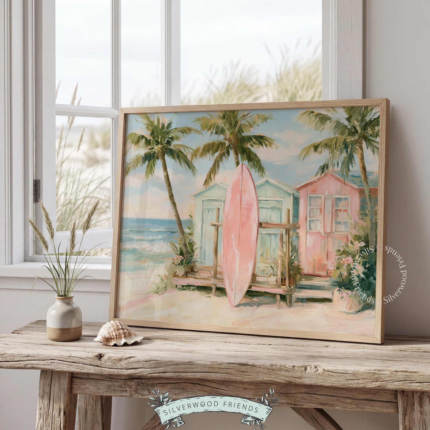 Vintage-style beach poster for a sunroom — featuring soft color palette and a pink surfboard against pastel huts.