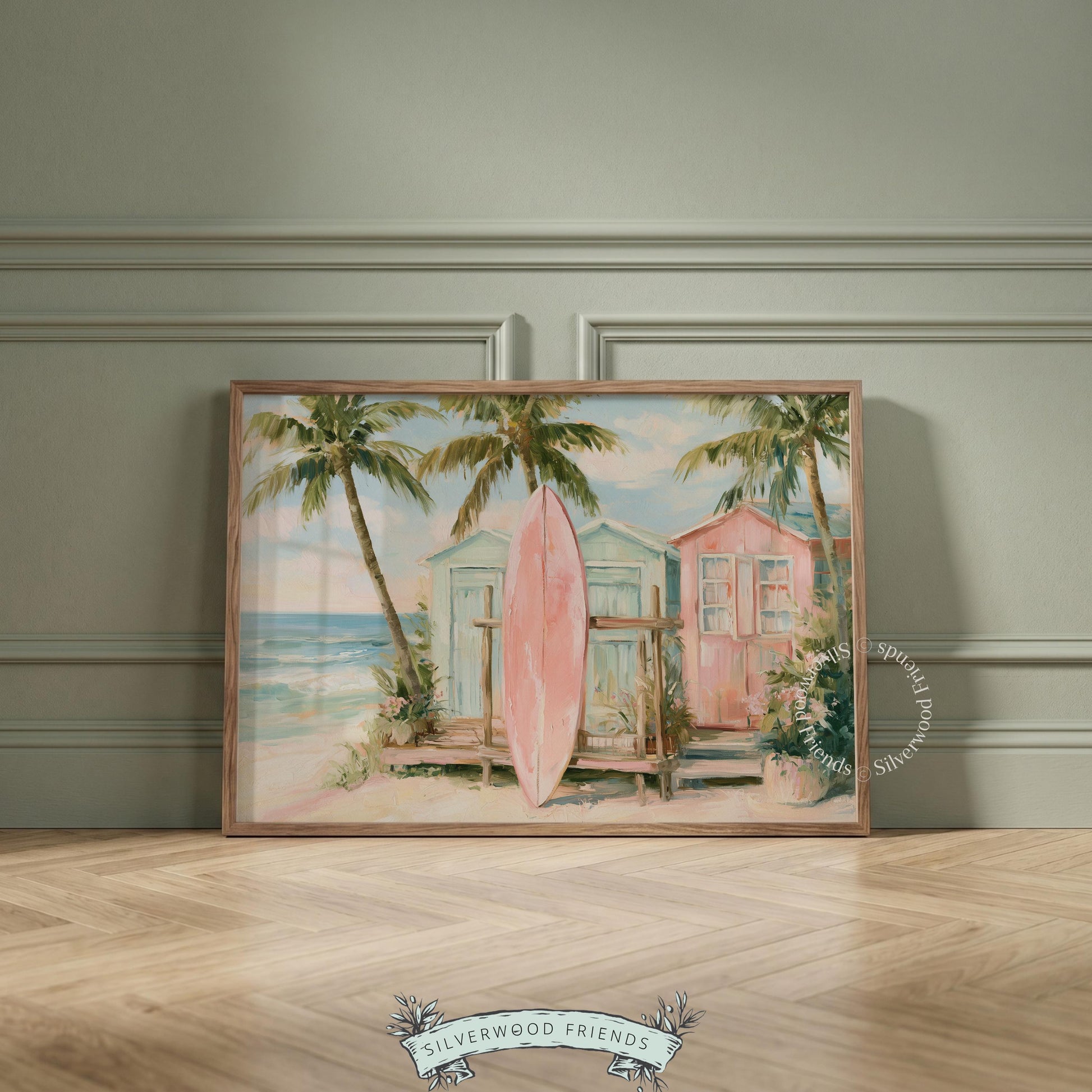 Coastal artwork for kid's bathroom — cheerful pink surfboard and beach huts with calm ocean vibes in pastel palette.