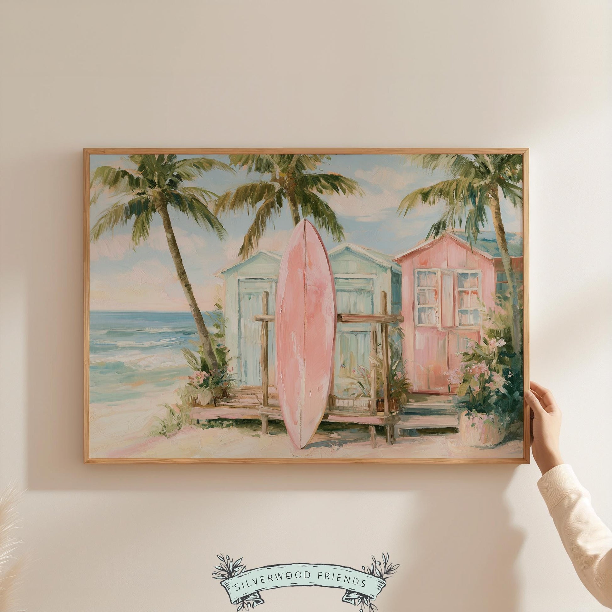 Tropical surfboard digital download for children’s room — featuring calming pastels and charming beach huts.