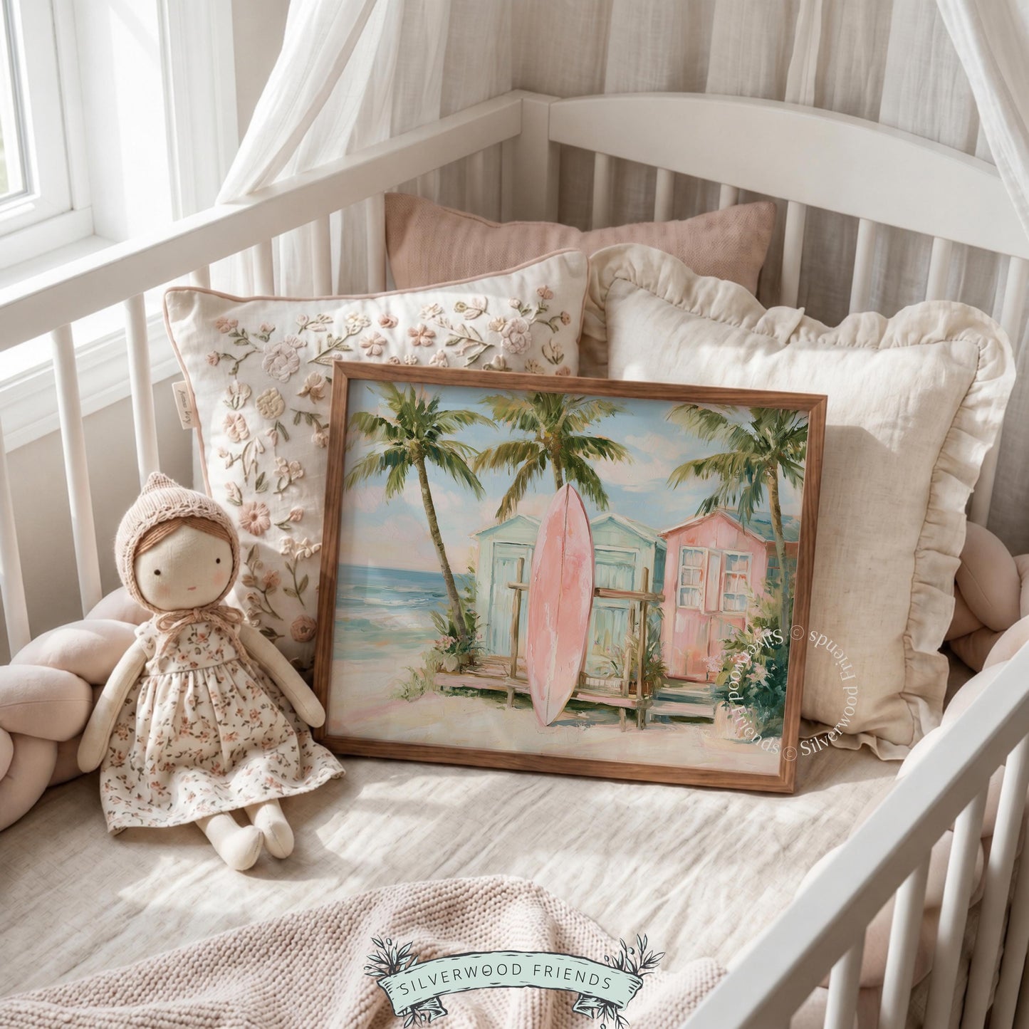 Beach hut picture for kids' room — relaxed watercolor painting with a pink surfboard, palm trees, and pastel hues.
