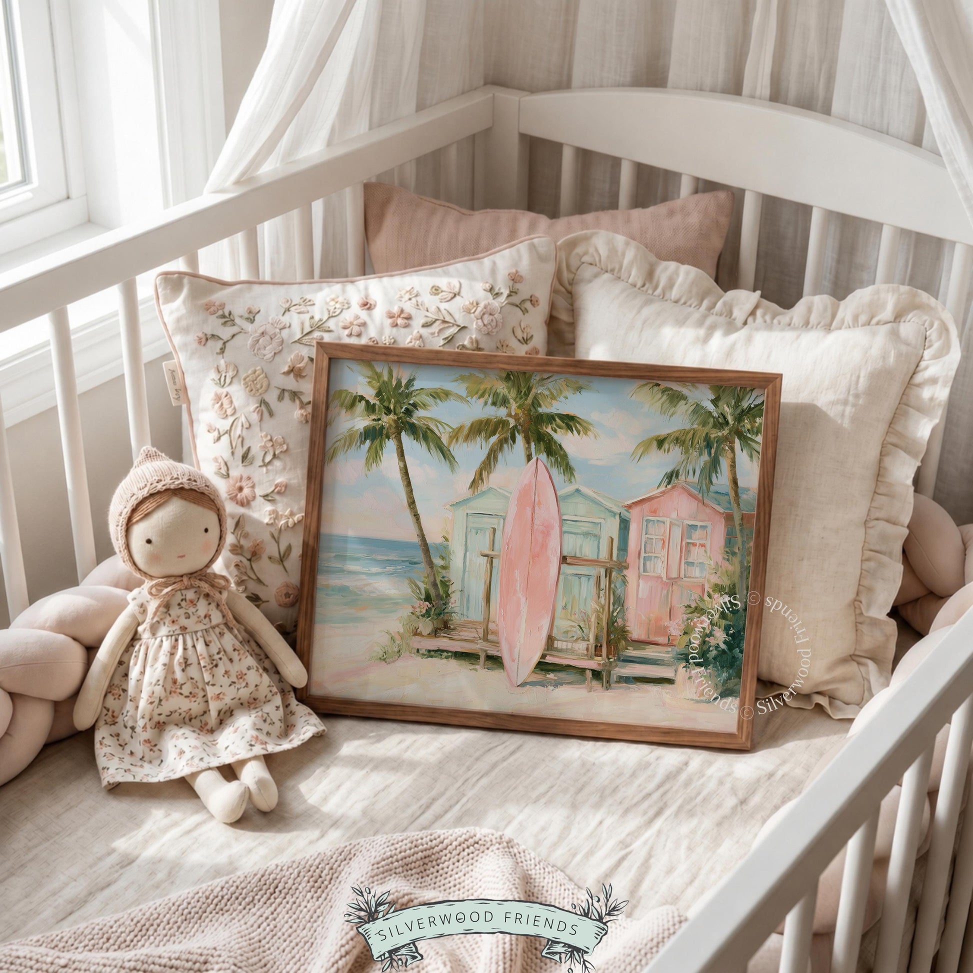 Beach hut picture for kids' room — relaxed watercolor painting with a pink surfboard, palm trees, and pastel hues.