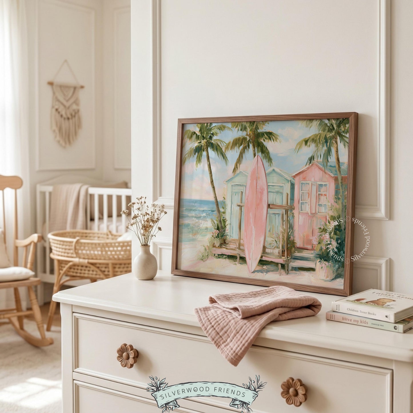 Pastel coastal wall decor for powder room — inviting artwork with a pink surfboard and sandy shores among palm trees.
