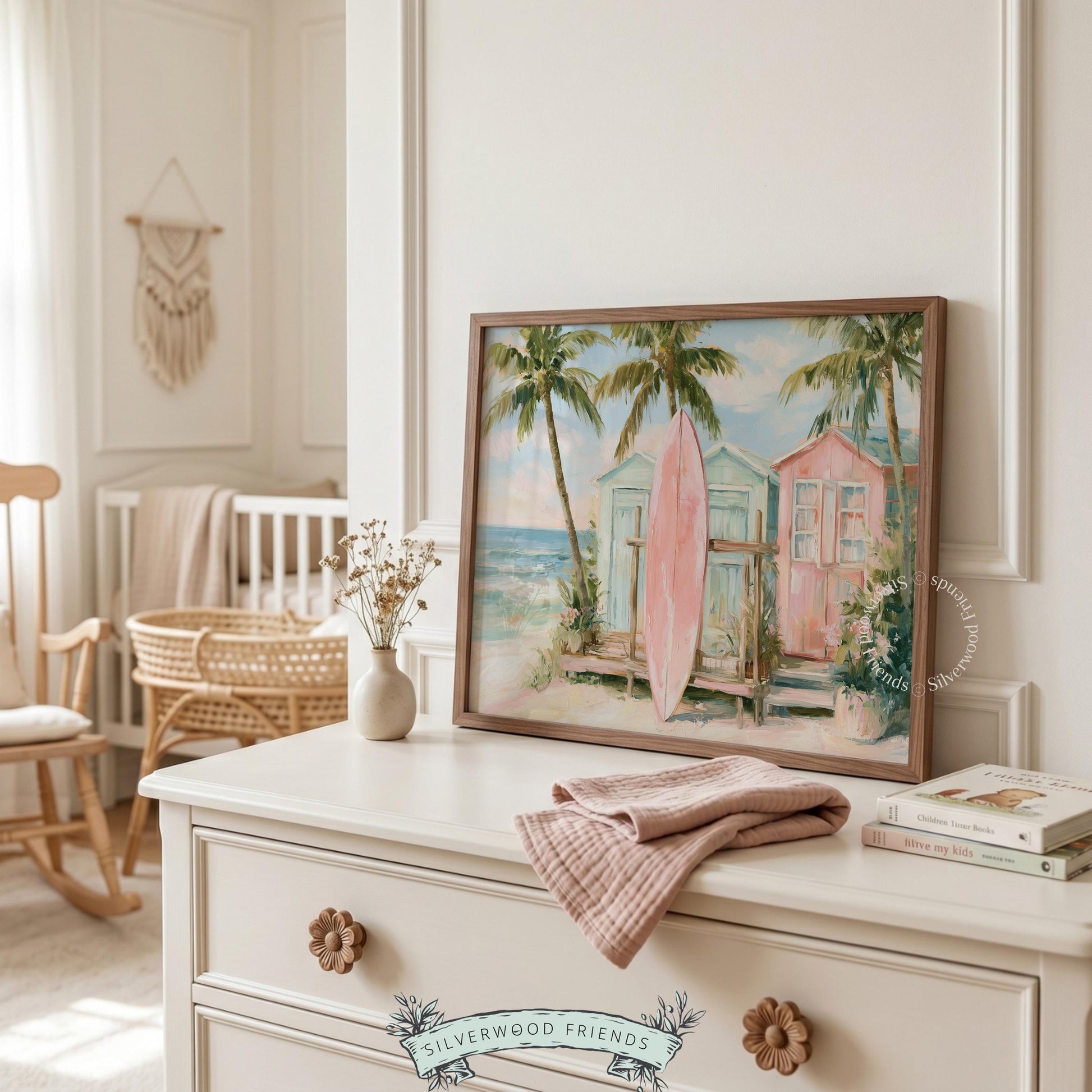 Pastel coastal wall decor for powder room — inviting artwork with a pink surfboard and sandy shores among palm trees.