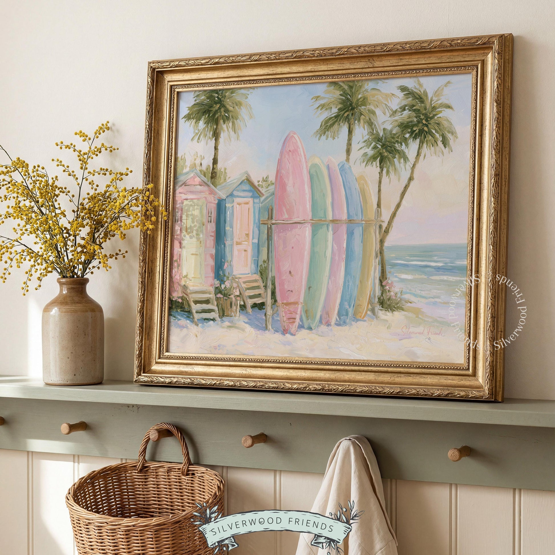 Vintage-style surfboards painting for nursery — calming pastel hues bring a serene beachy feel to your child's coastal-themed room.