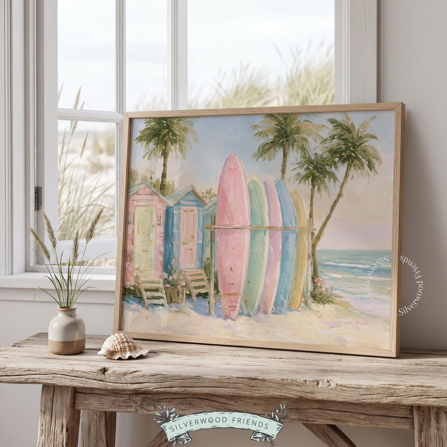 Painterly surfboards art for office — calming pastel tones and coastal elements create a relaxing workspace environment.