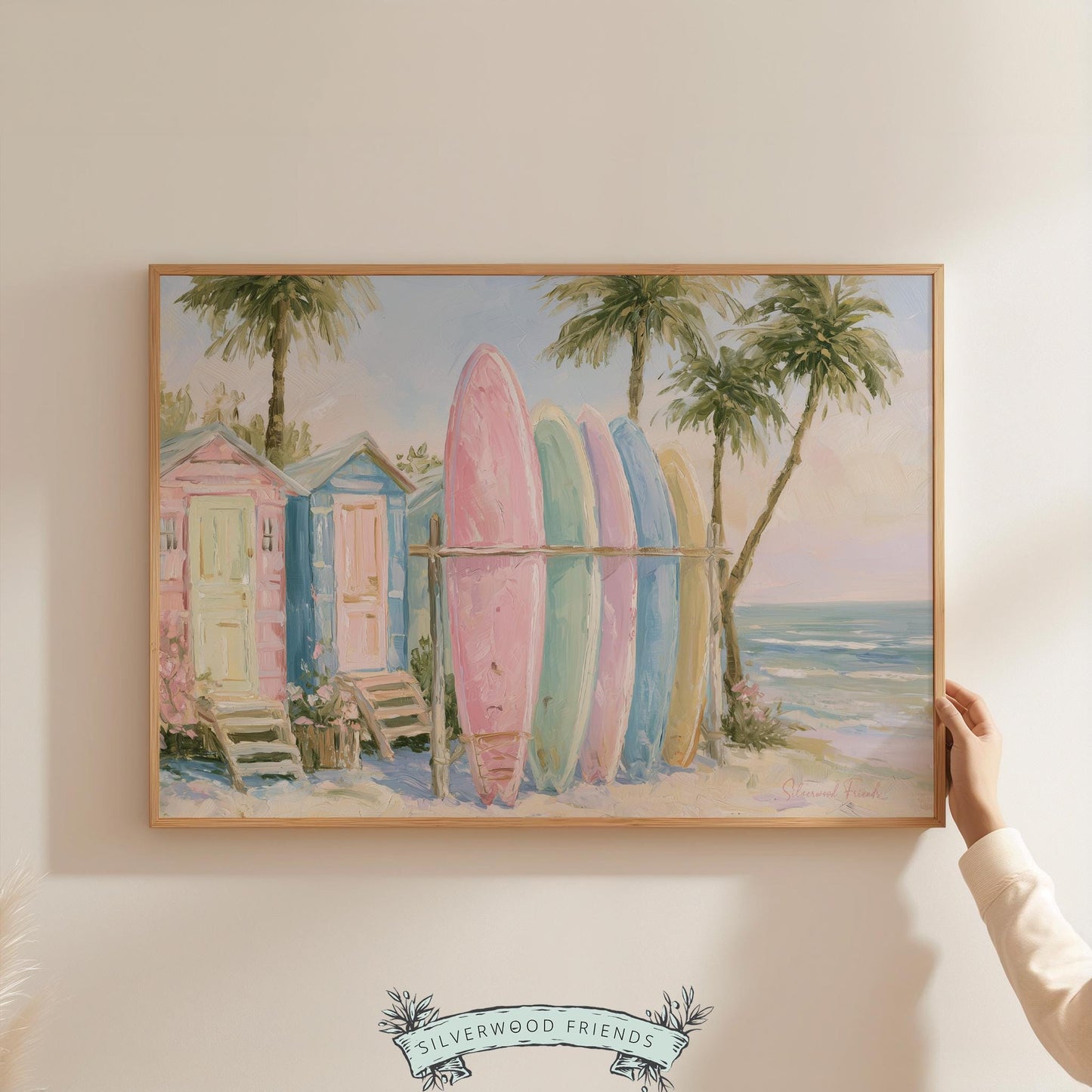 Hand-painted beach wall art for living area — featuring colorful surfboards and serene ocean background for a breezy atmosphere.
