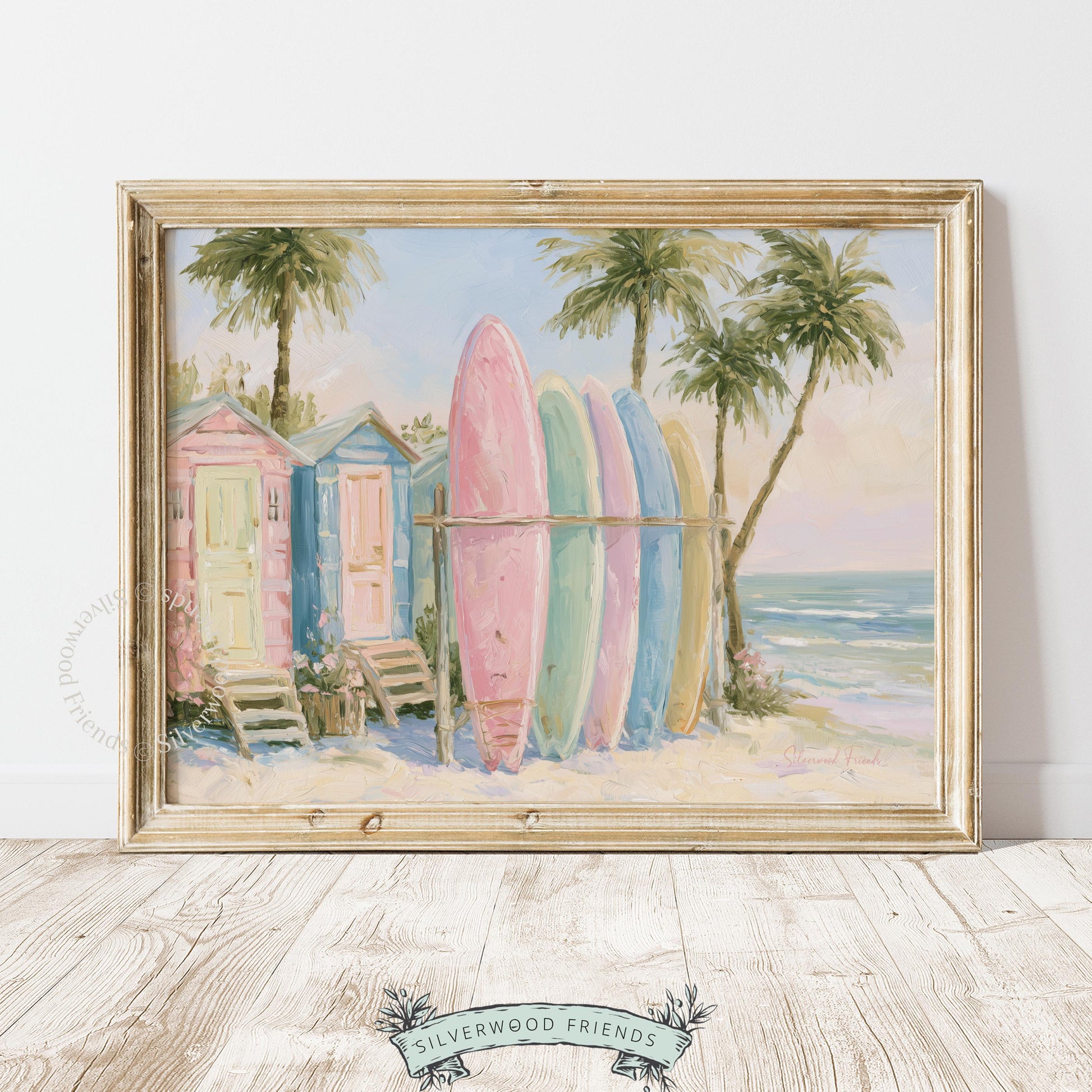 Ocean-inspired surfboard wall art for playroom — delightful pastel illustration creates a whimsical beach vibe for kids to enjoy.