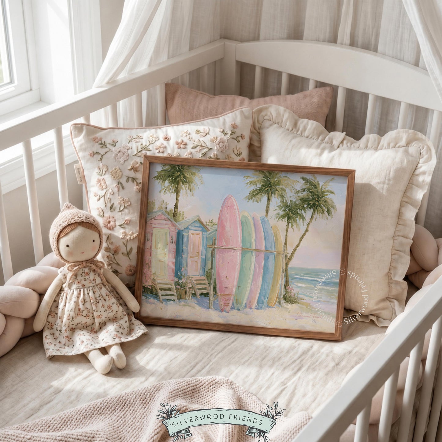 Colorful surfboard wall art for hallway — elegant beach illustration with pastel colors adds a summery touch to any space.