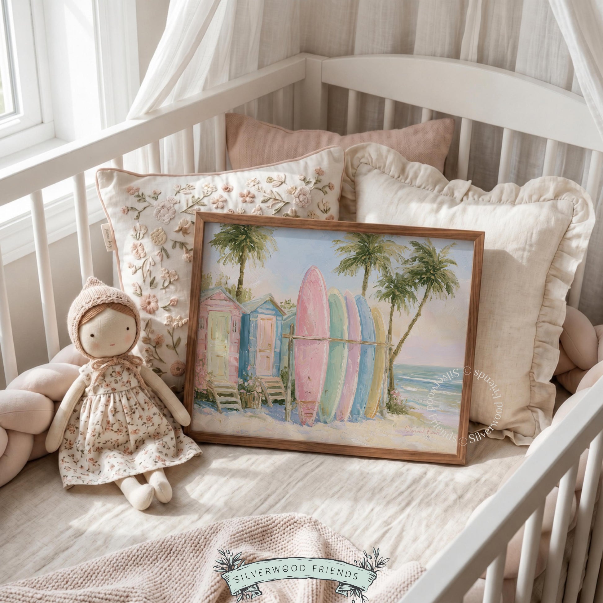 Colorful surfboard wall art for hallway — elegant beach illustration with pastel colors adds a summery touch to any space.